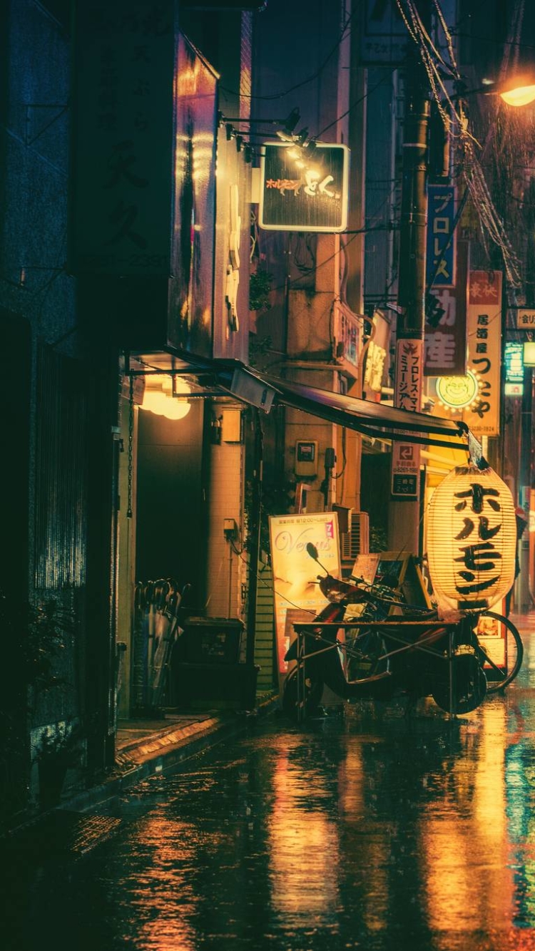 Handy-Wallpaper Städte, Regen, Neon, Japan, Nacht, Menschengemacht, Großstadt kostenlos herunterladen.