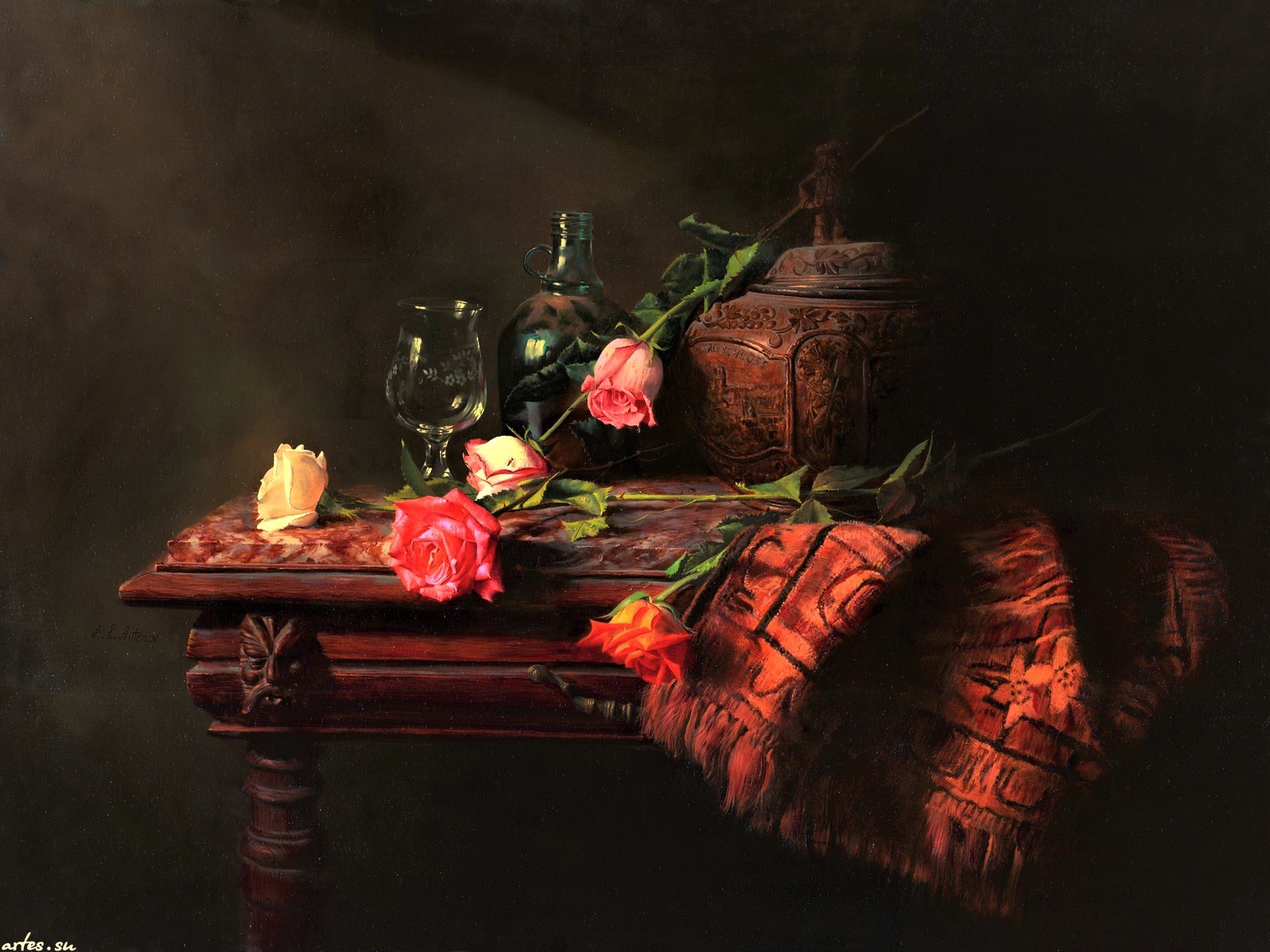 Download mobile wallpaper Still Life, Flower, Rose, Table, Vase, Painting, Artistic for free.
