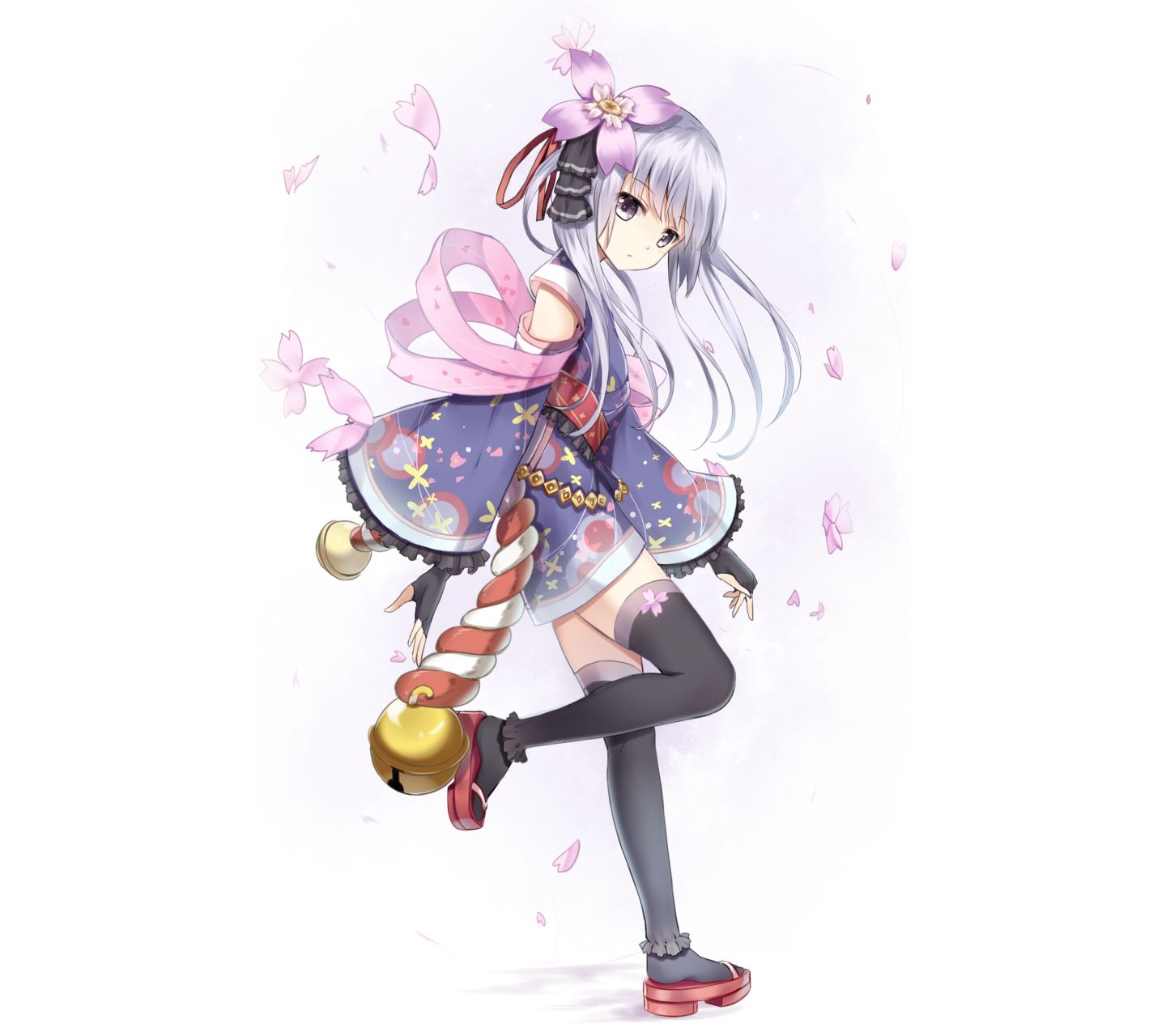 Free download wallpaper Anime, Flower, Bell, Ribbon, Original, Long Hair, Thigh Highs, White Hair, Yukata on your PC desktop
