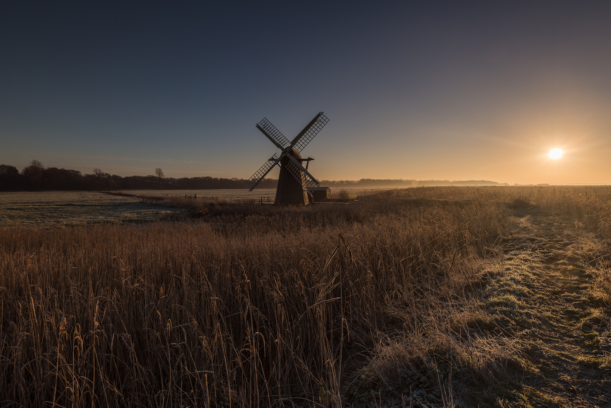 Download mobile wallpaper Landscape, Wheat, Sunrise, Windmill, Man Made for free.