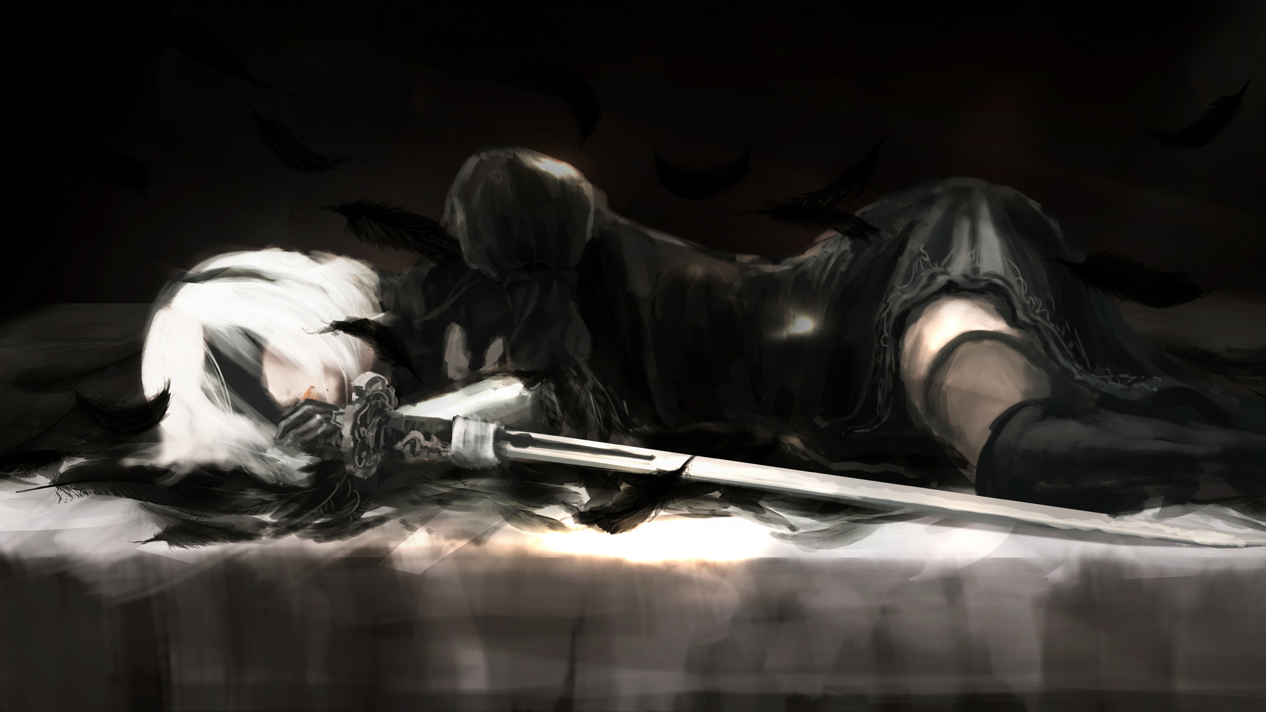 Free download wallpaper Feather, Sword, Video Game, Short Hair, Black Dress, White Hair, Lying Down, Nier: Automata on your PC desktop