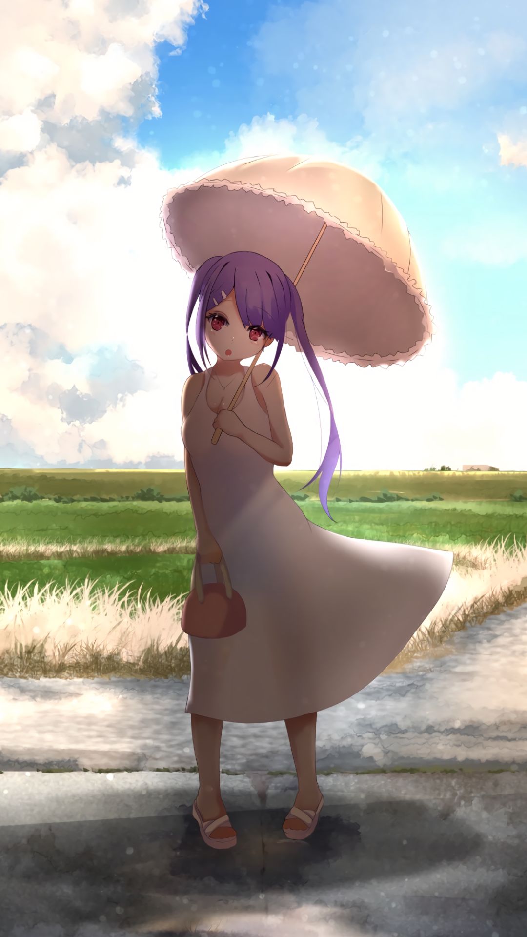 Download mobile wallpaper Anime, Girl, Umbrella, Red Eyes, Long Hair, Purple Hair, White Dress for free.