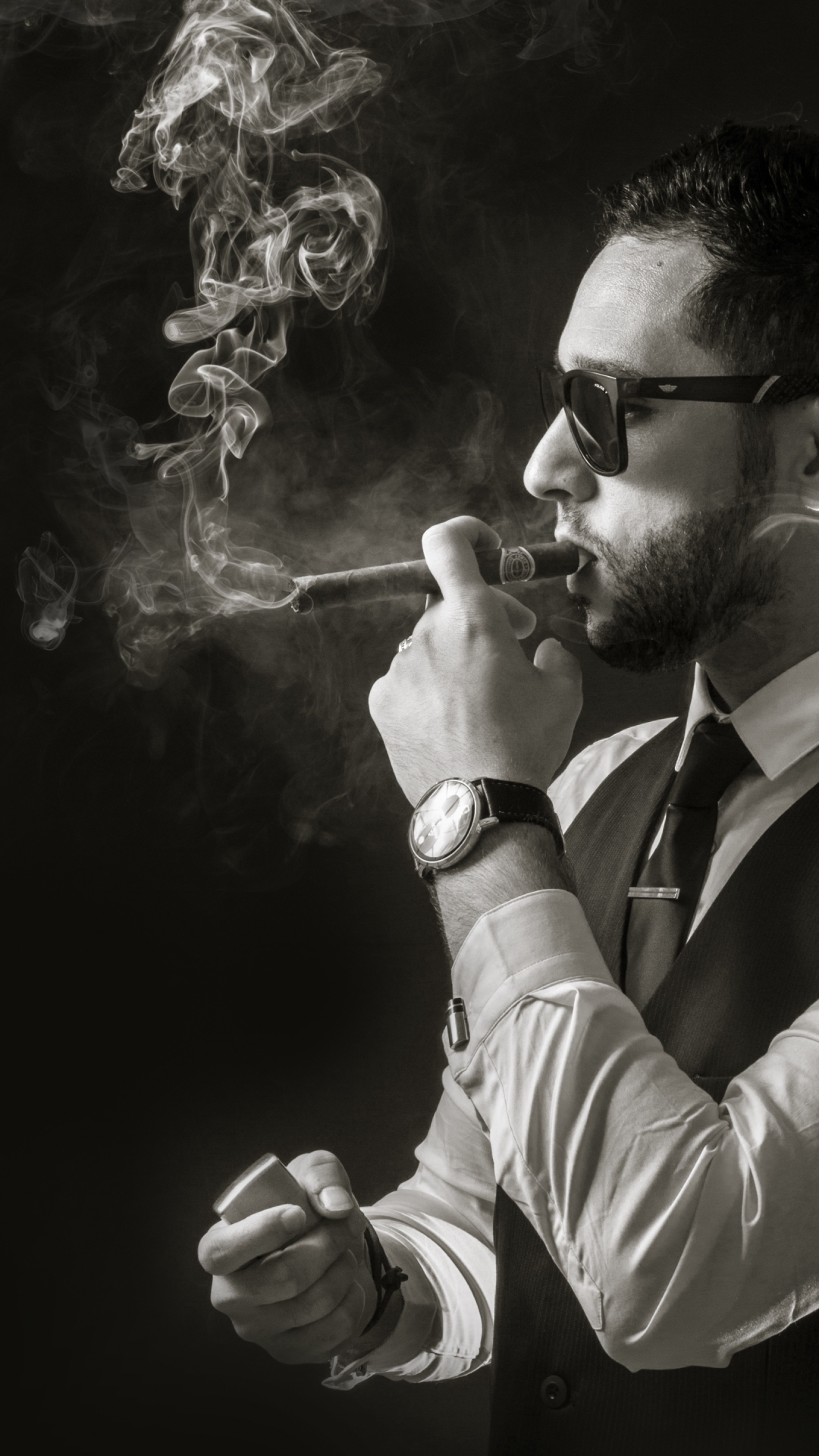 smoking, smoke, photography, men, sunglasses, cigar, monochrome