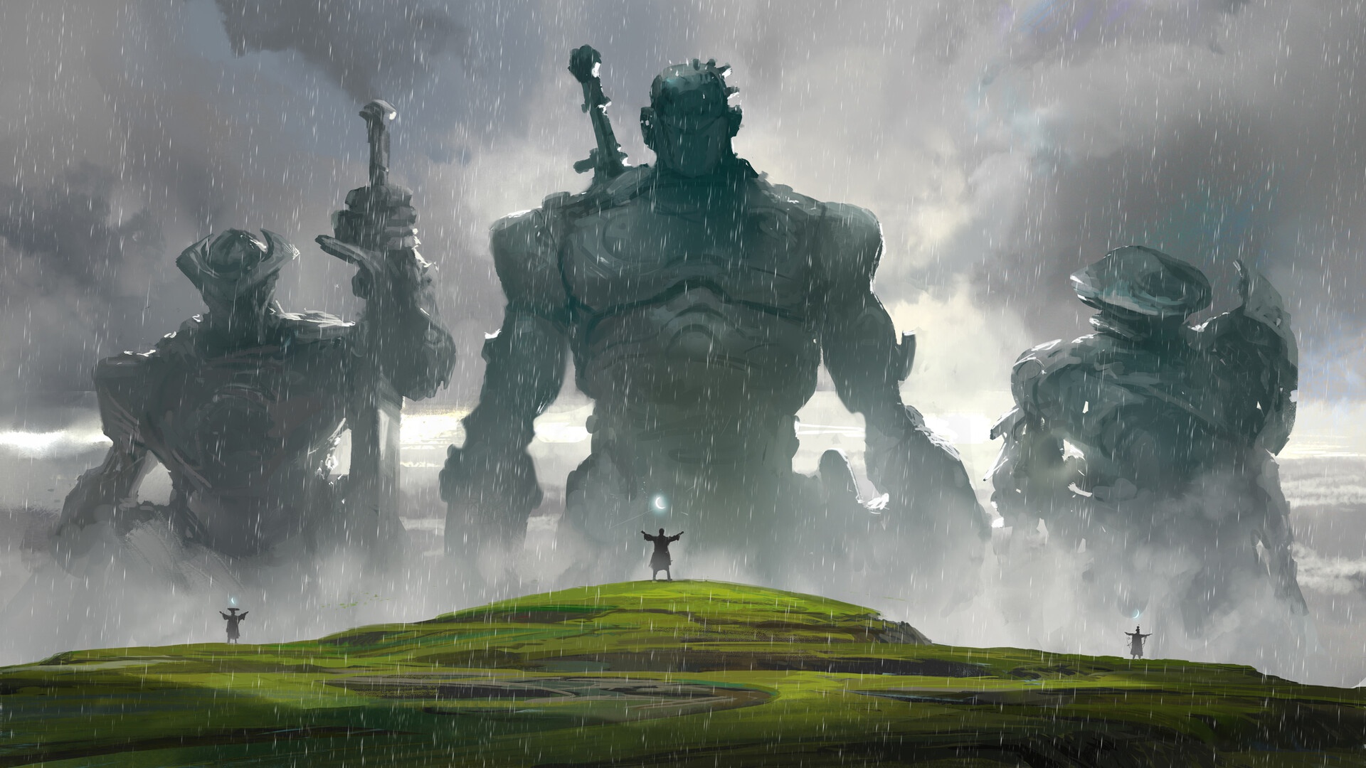 Free download wallpaper Fantasy, Rain, Warrior, Giant, Wizard on your PC desktop