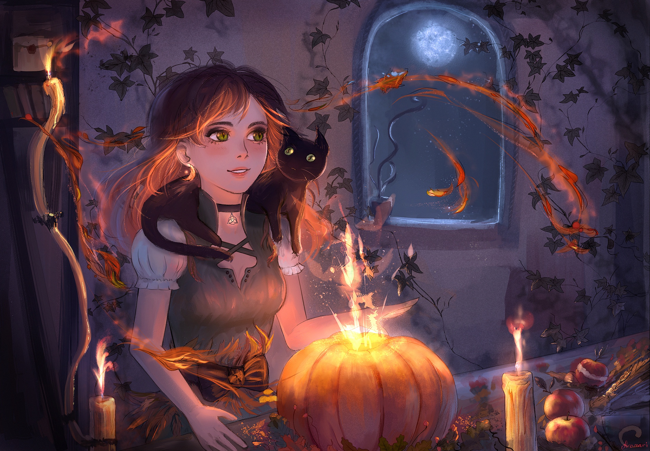 Download mobile wallpaper Halloween, Pumpkin, Cat, Holiday, Candle, Green Eyes, Orange Hair for free.
