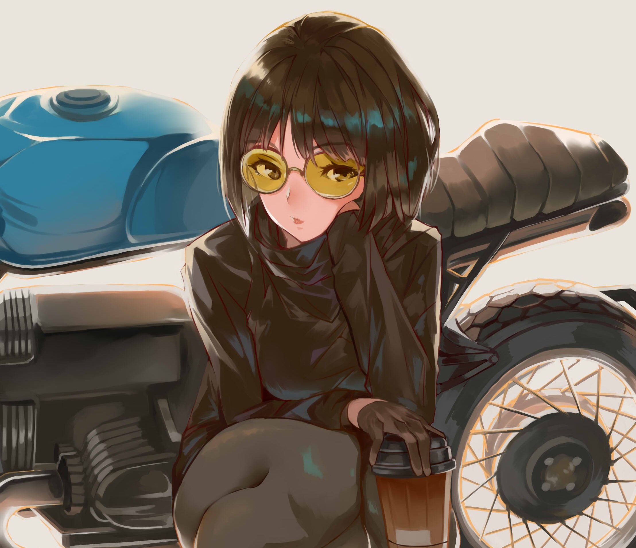 Laden Sie das Motorrad, Handschuh, Sonnenbrille, Original, Animes, Braune Haare, Kurzes Haar, Kaffee-Bild kostenlos auf Ihren PC-Desktop herunter