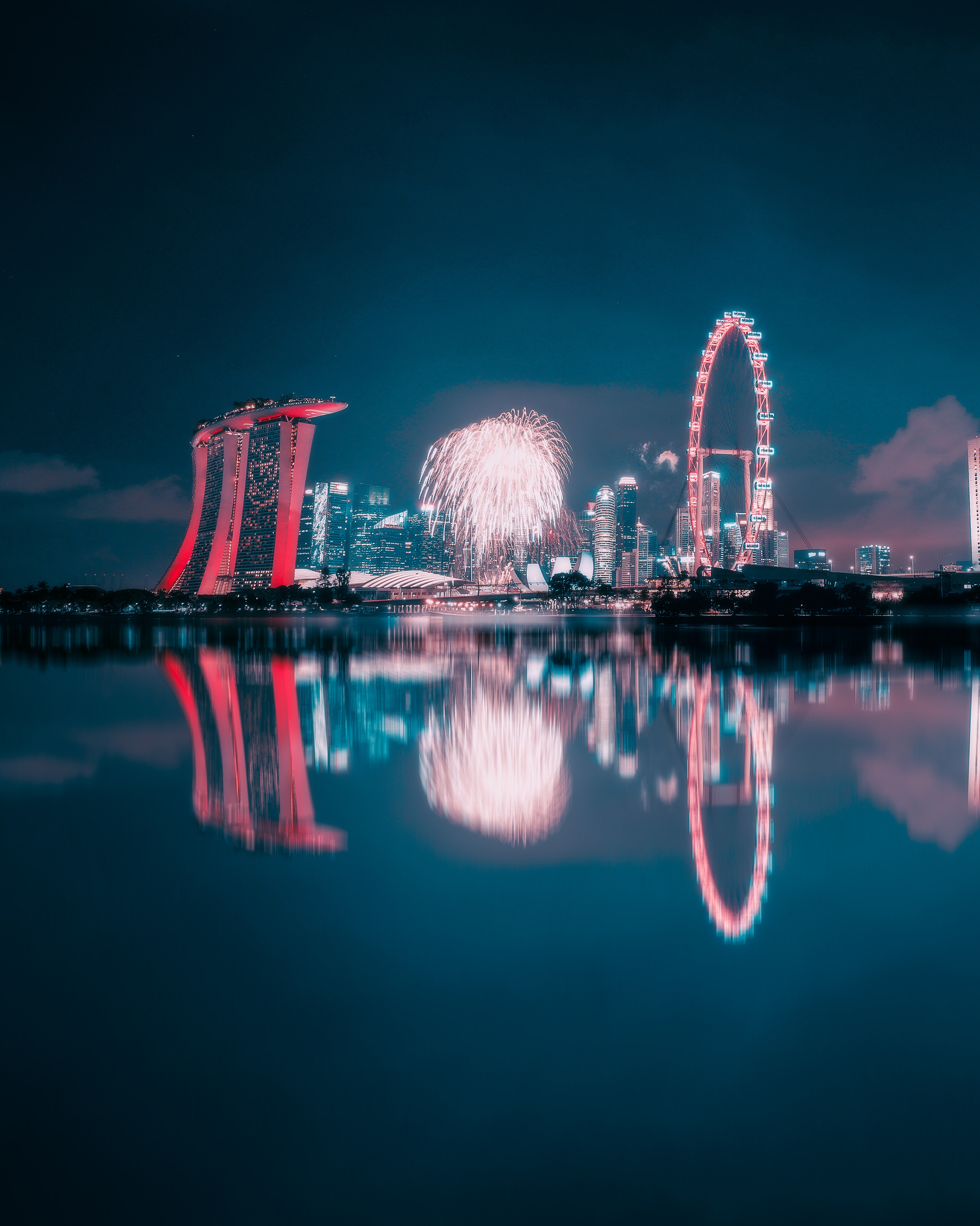 Download mobile wallpaper Reflection, Building, Cities, Water, Fireworks, Night City, Firework for free.