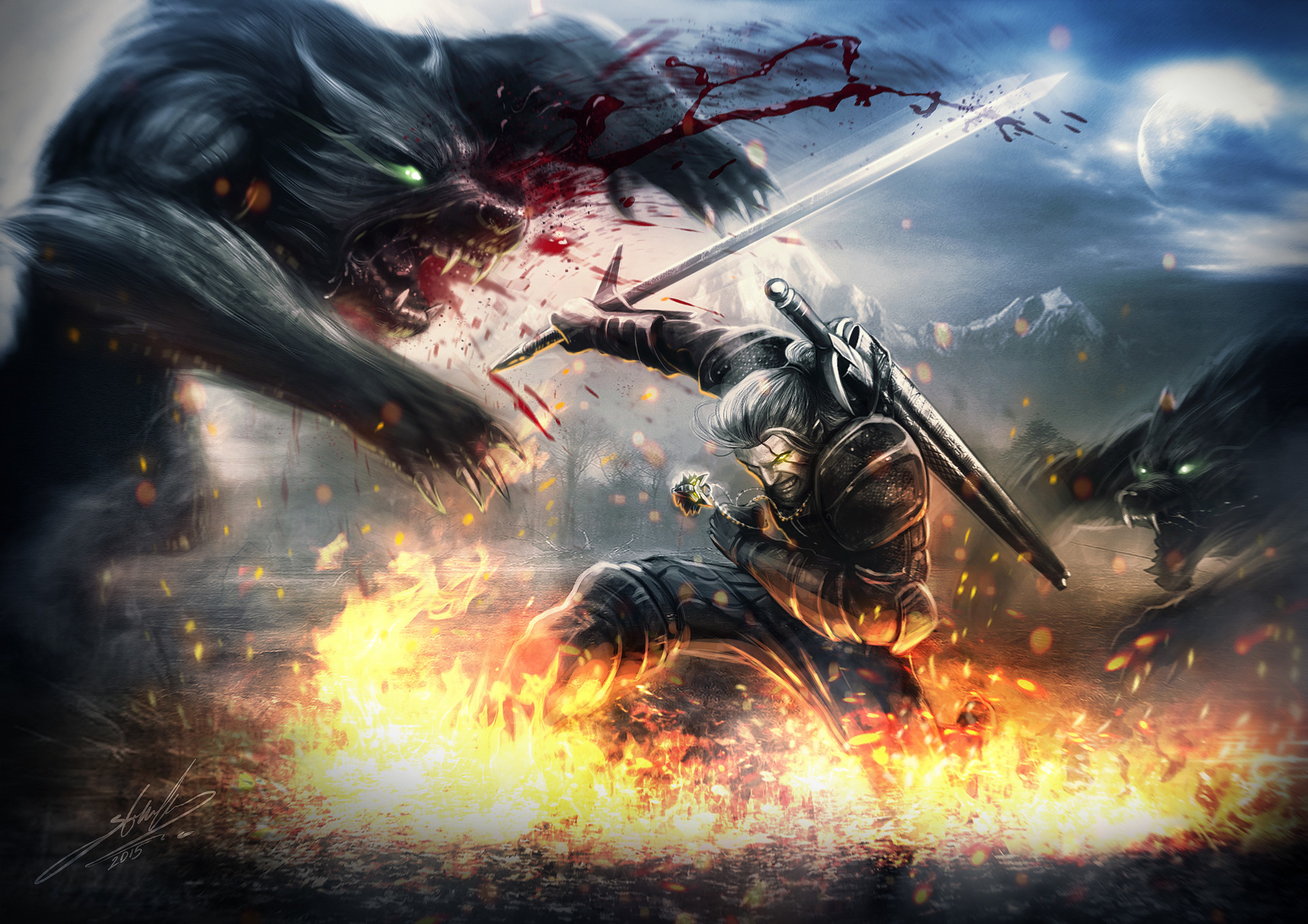 Download mobile wallpaper Magic, Fire, Warrior, Werewolf, Sword, Video Game, The Witcher, Geralt Of Rivia, The Witcher 3: Wild Hunt for free.