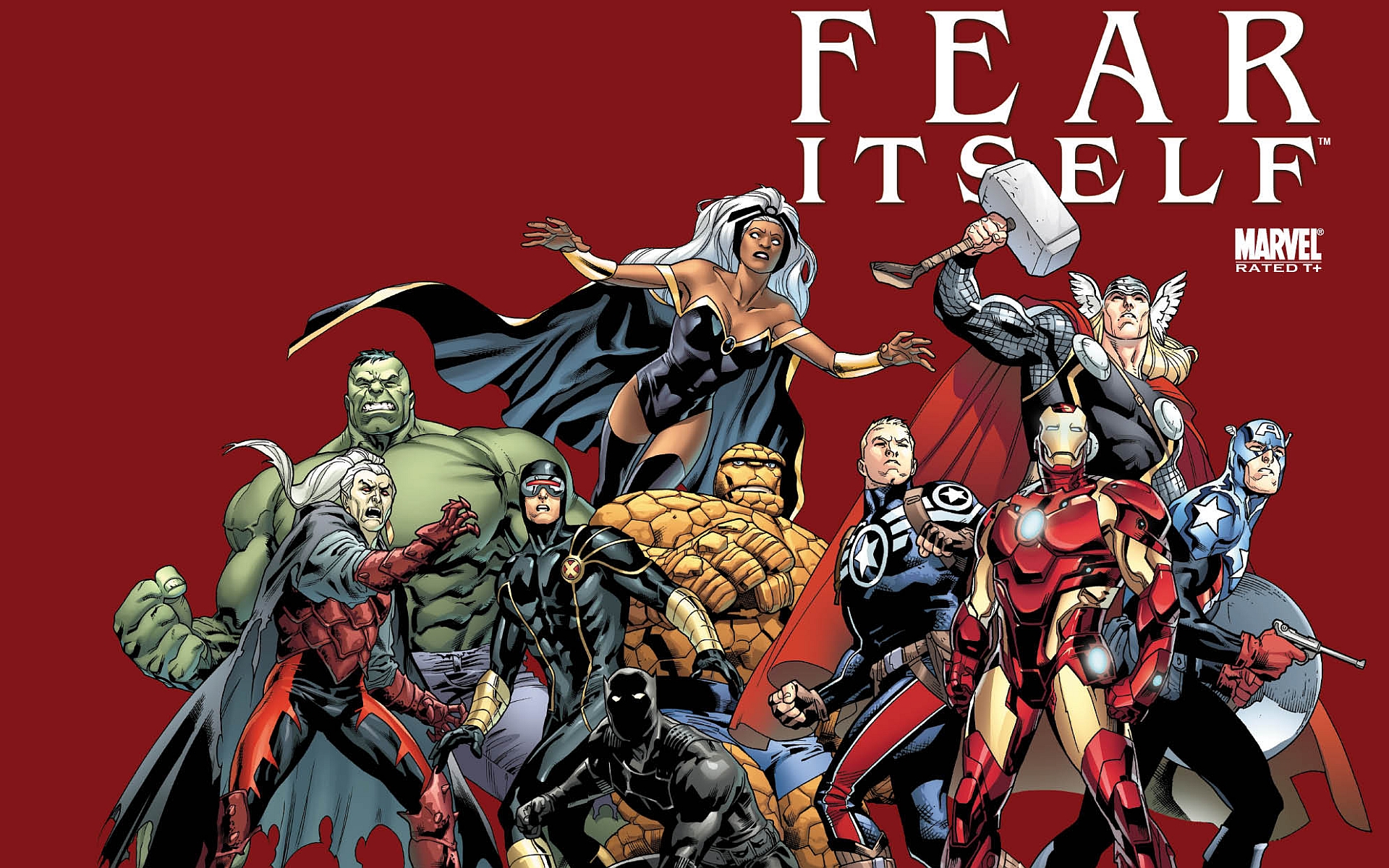comics, fear itself, black panther (marvel comics), captain america, cyclops (marvel comics), hulk, iron man, storm (marvel comics), thing (marvel comics), thor