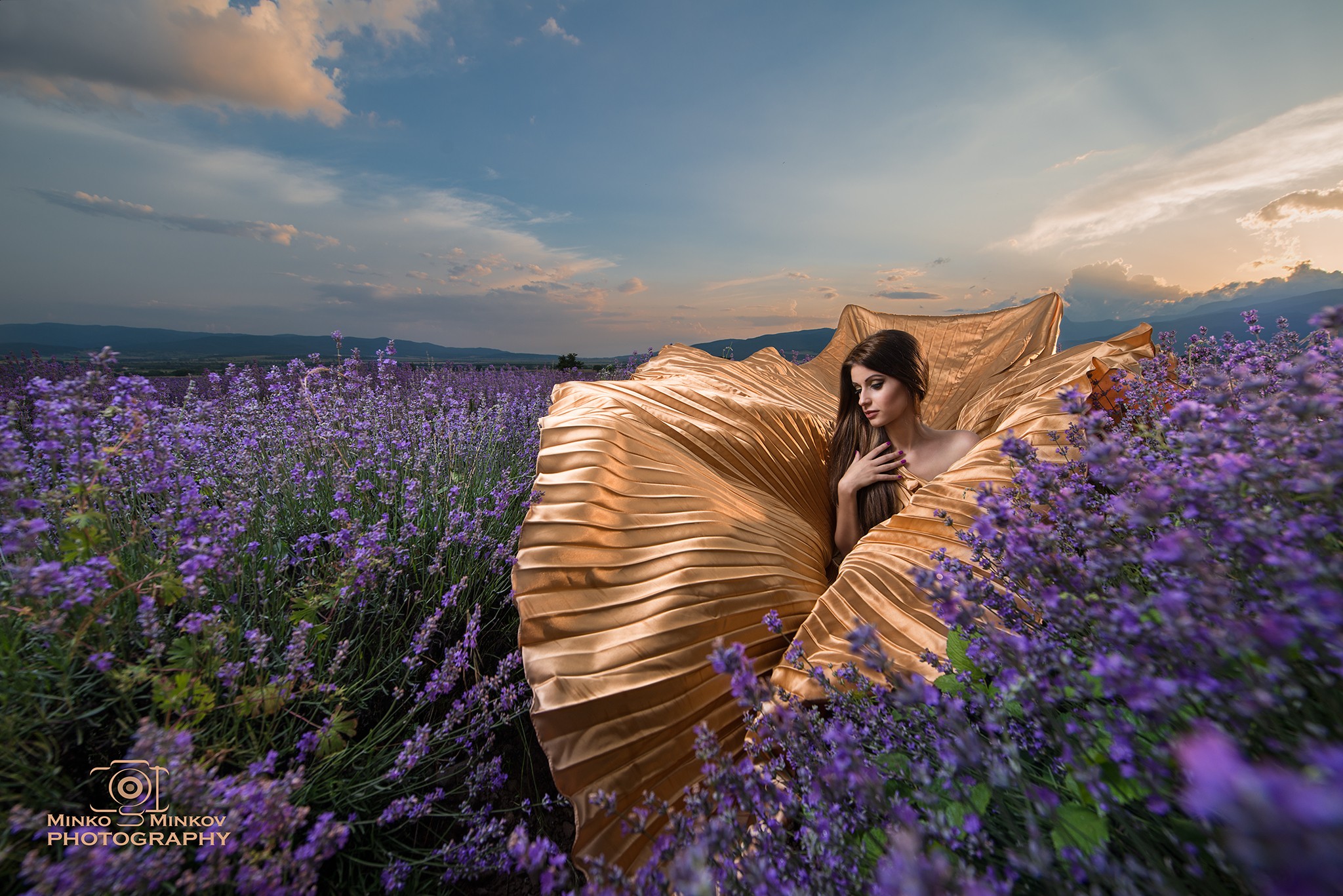 Free download wallpaper Field, Brunette, Lavender, Photography, Women, Purple Flower, Gown on your PC desktop