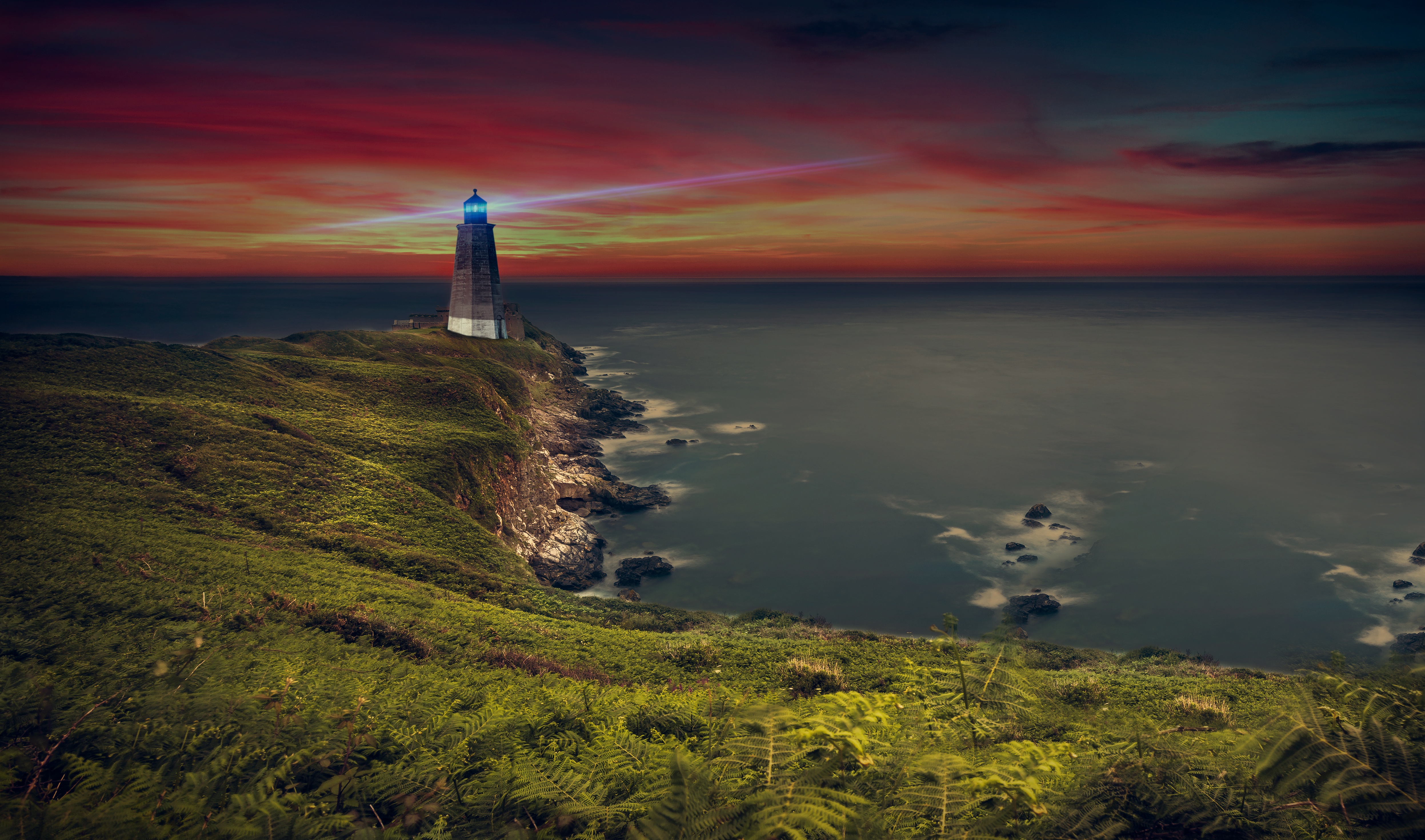 Download mobile wallpaper Horizon, Fern, Ocean, Lighthouse, Coastline, Man Made for free.