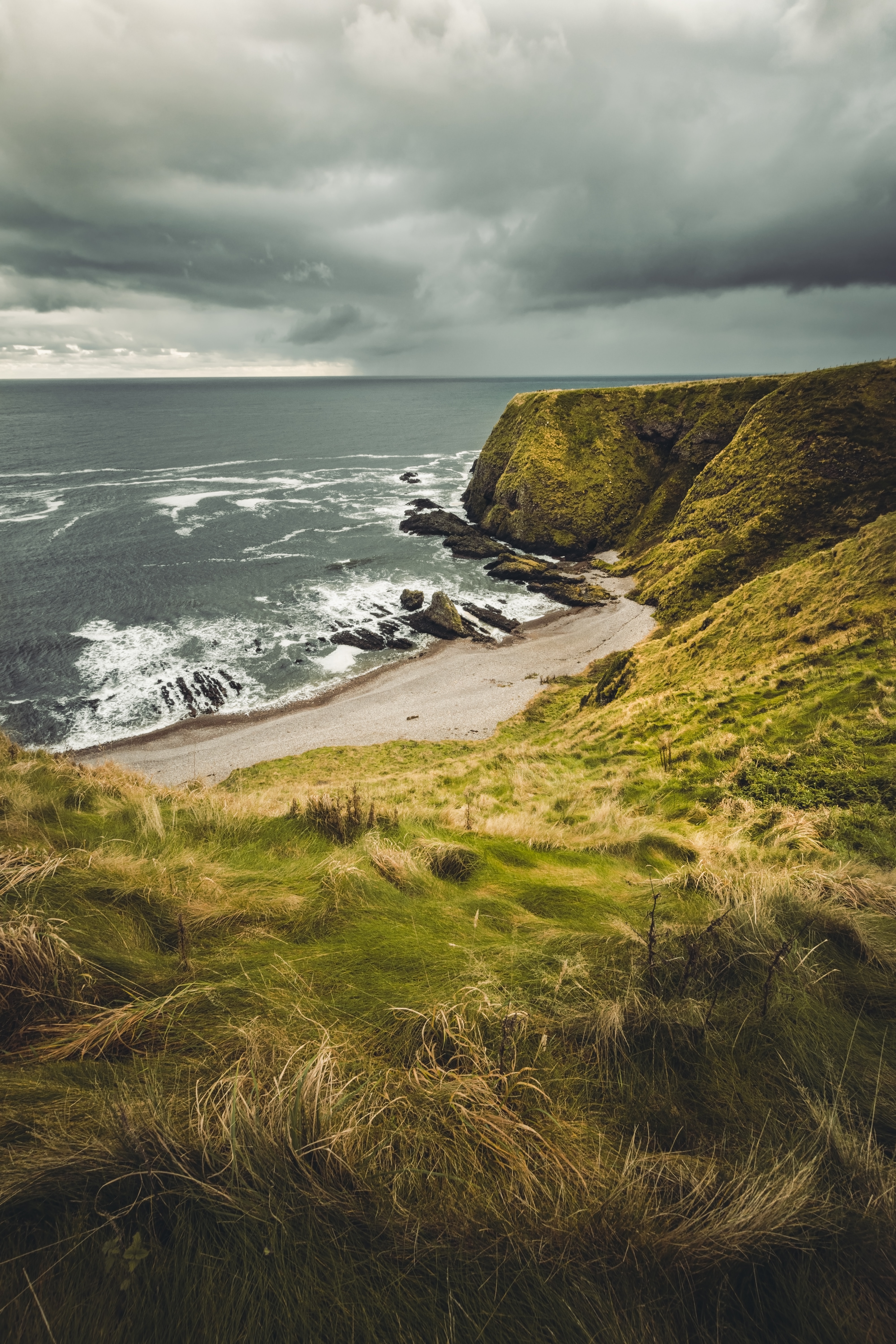Free download wallpaper Coast, Nature, Grass, Sea, Cliff, Landscape, Beach on your PC desktop