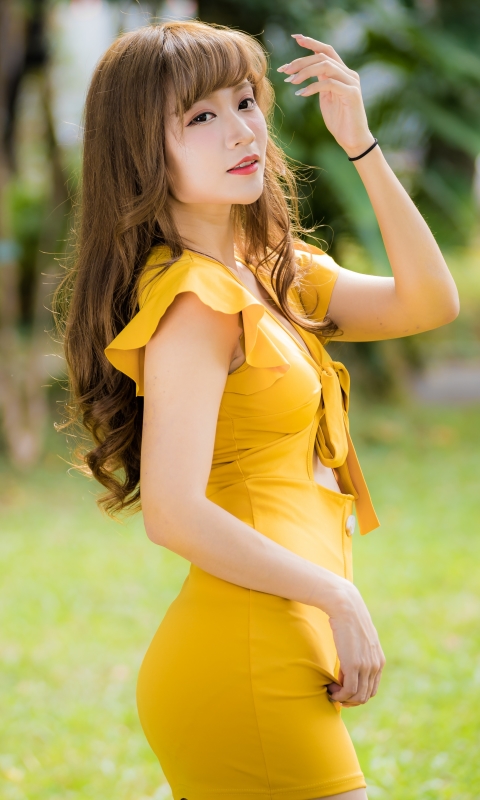 Download mobile wallpaper Brunette, Model, Women, Yellow Dress, Asian, Long Hair for free.