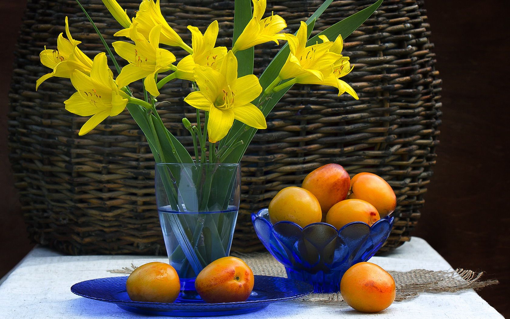 photography, still life, flower, fruit, lily, wicker, yellow flower