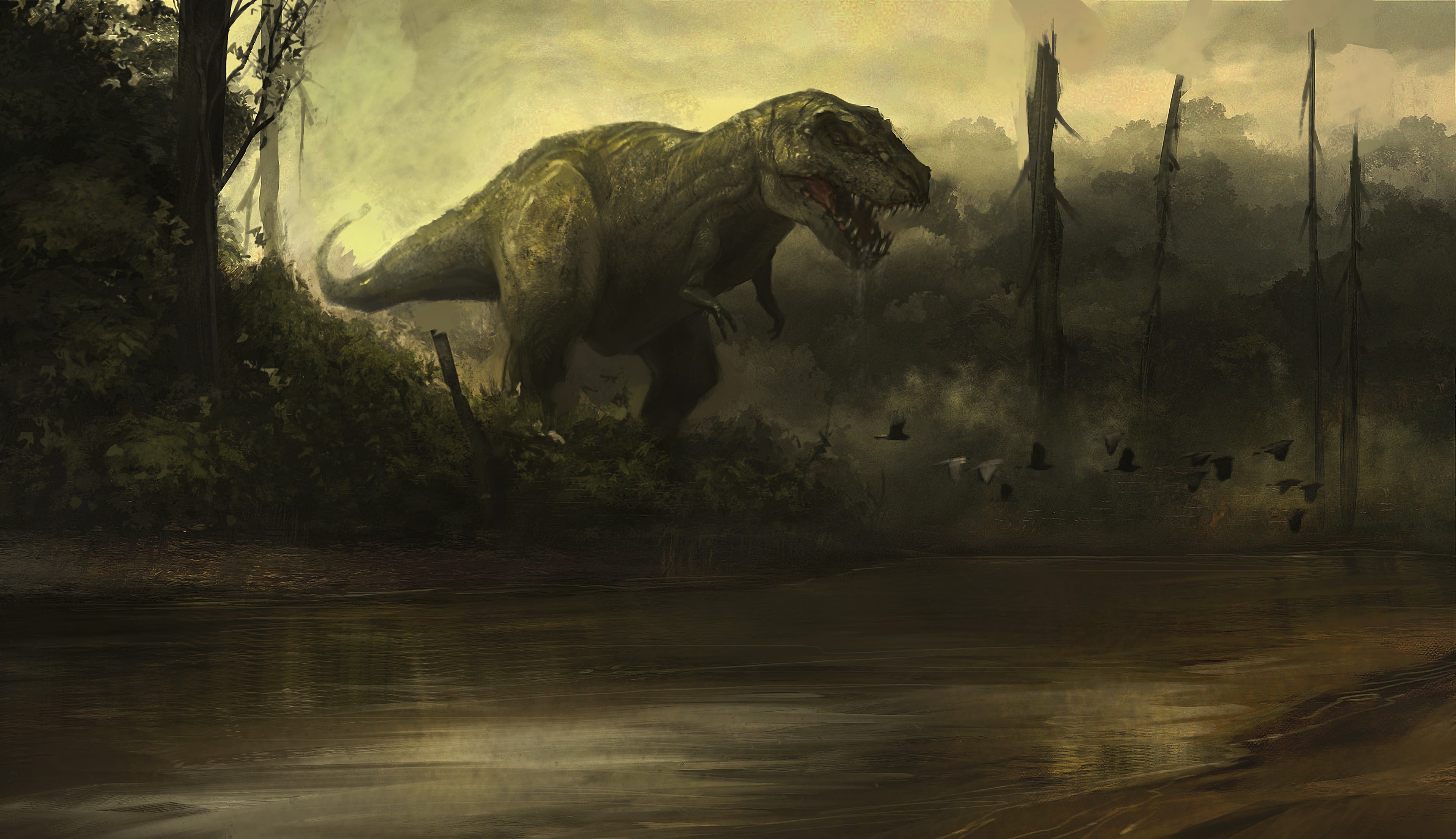 152009 скачать обои динозавр, арт, агрессия, клыки - заставки и картинки бесплатно