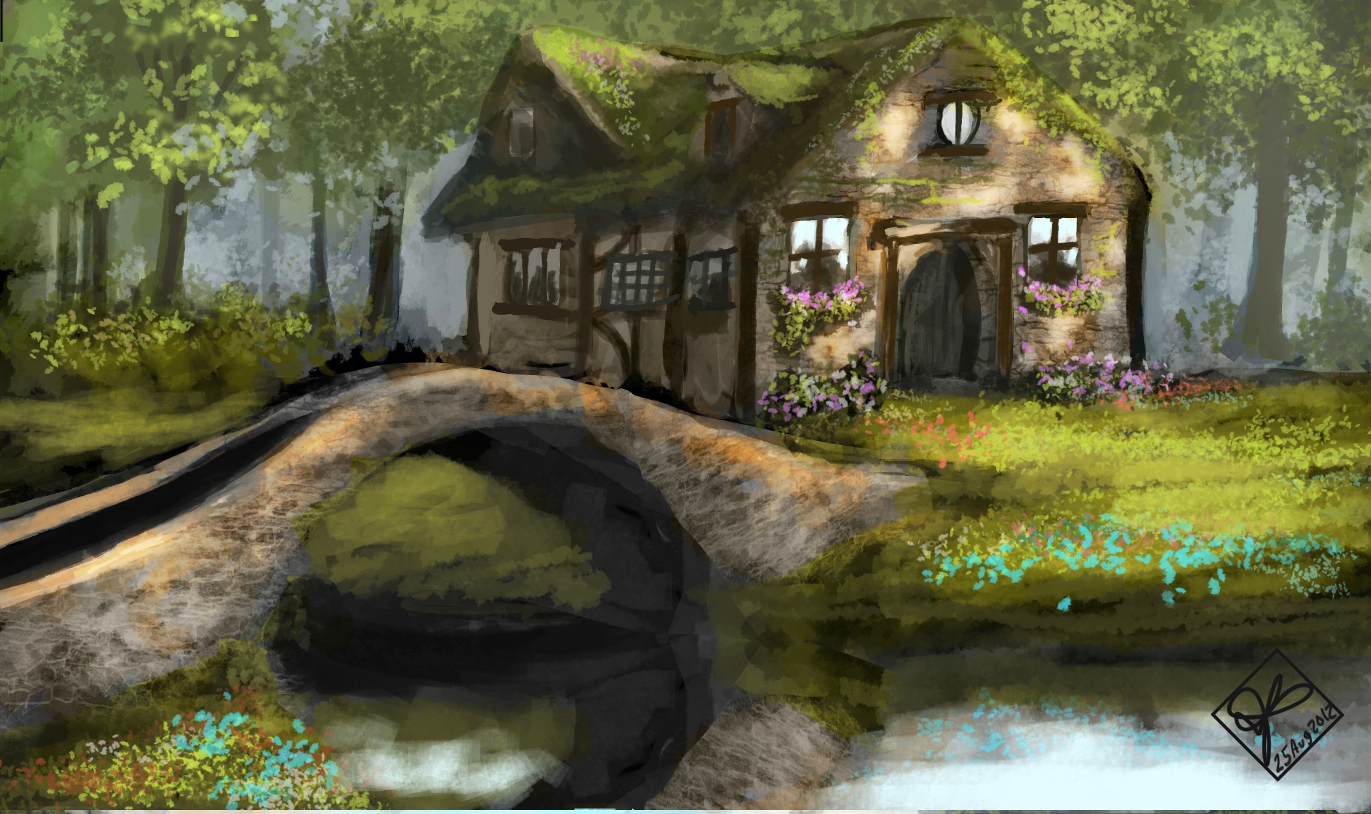 Download mobile wallpaper Bridge, Painting, Artistic, Cottage for free.