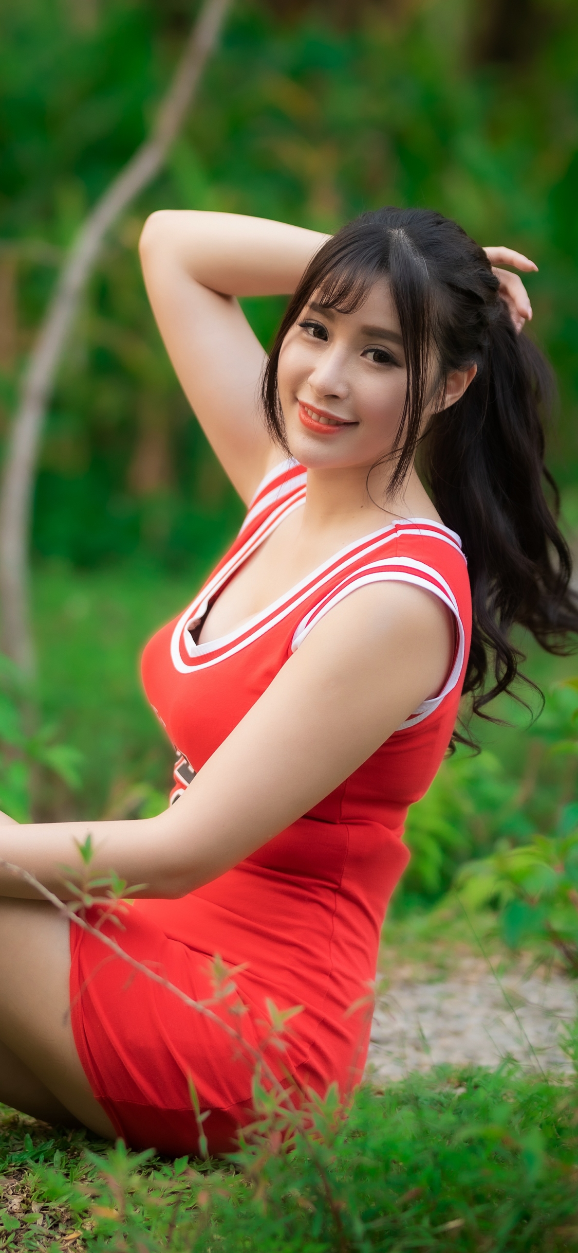 Download mobile wallpaper Smile, Model, Women, Asian, Black Hair, Red Dress for free.