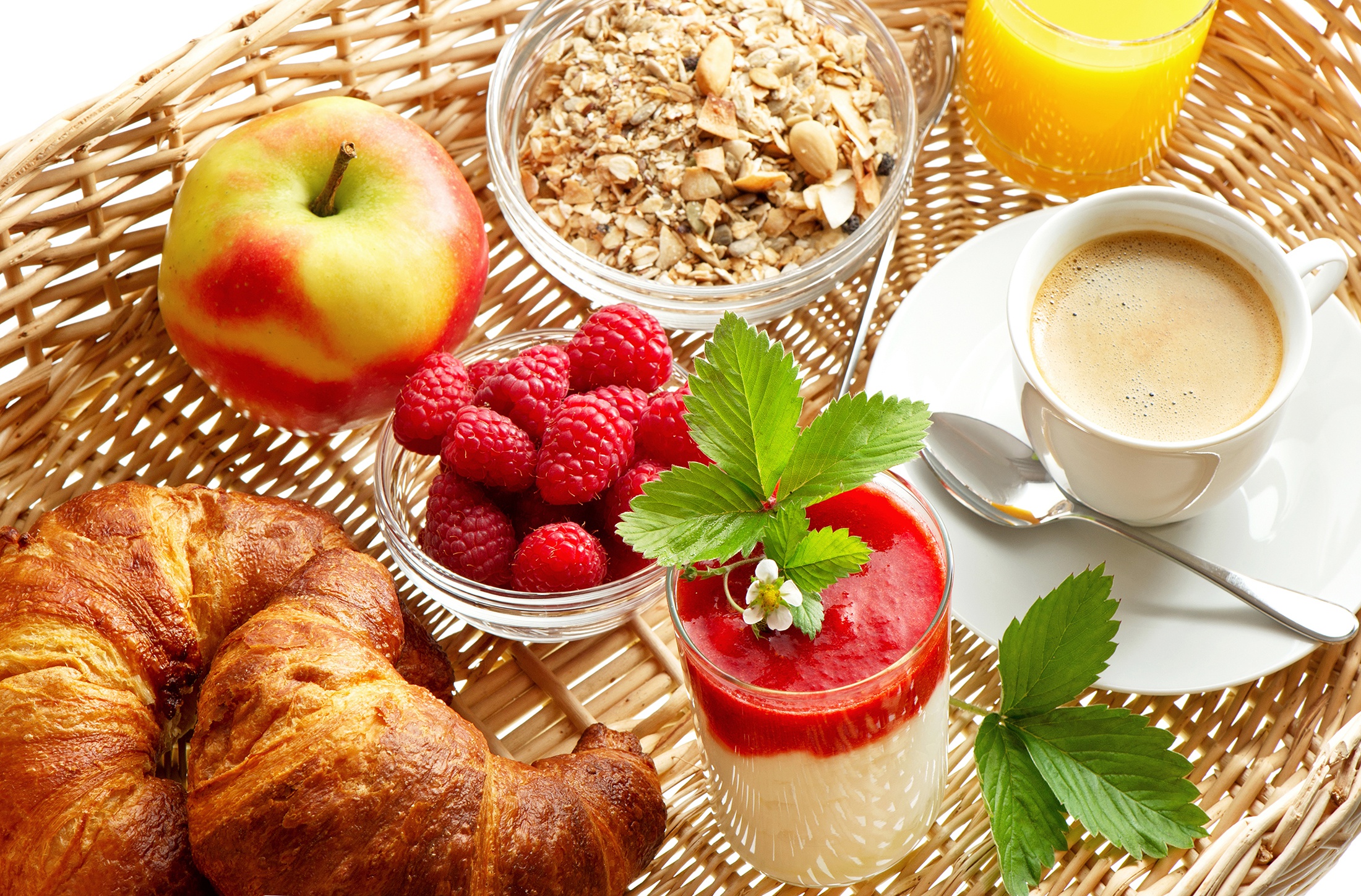 Download mobile wallpaper Food, Apple, Raspberry, Coffee, Still Life, Breakfast, Croissant for free.