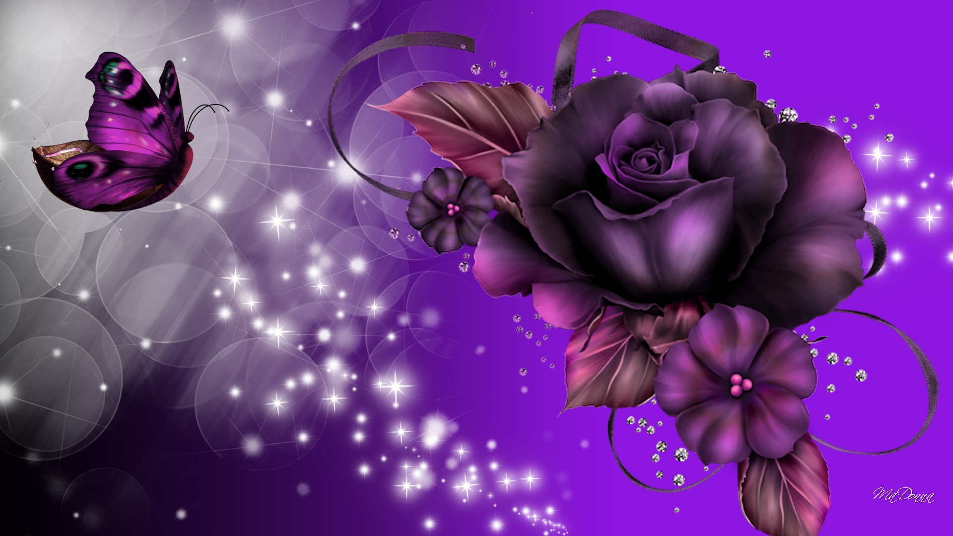 無料モバイル壁紙蝶, ファンタジー, 輝き, 薔薇, 紫の, 芸術的をダウンロードします。