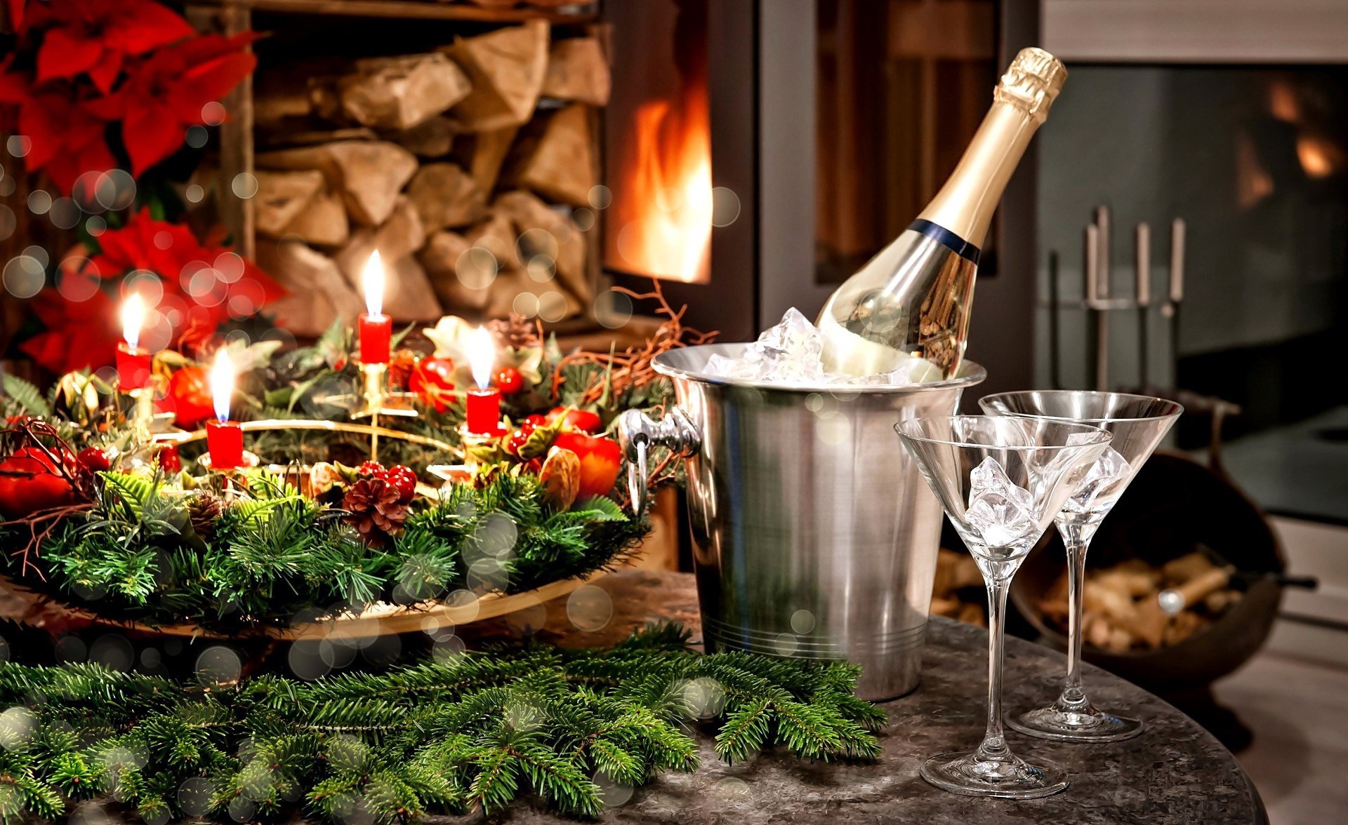 Free download wallpaper Food, New Year, Holiday, Glass, Fireplace, Champagne on your PC desktop