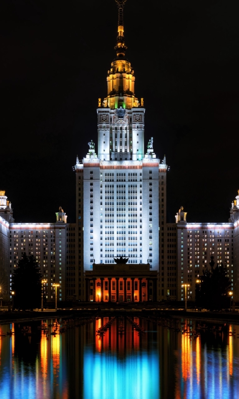Download mobile wallpaper Cities, Night, Building, Reflection, Russia, Moscow, Man Made, Moscow State University for free.