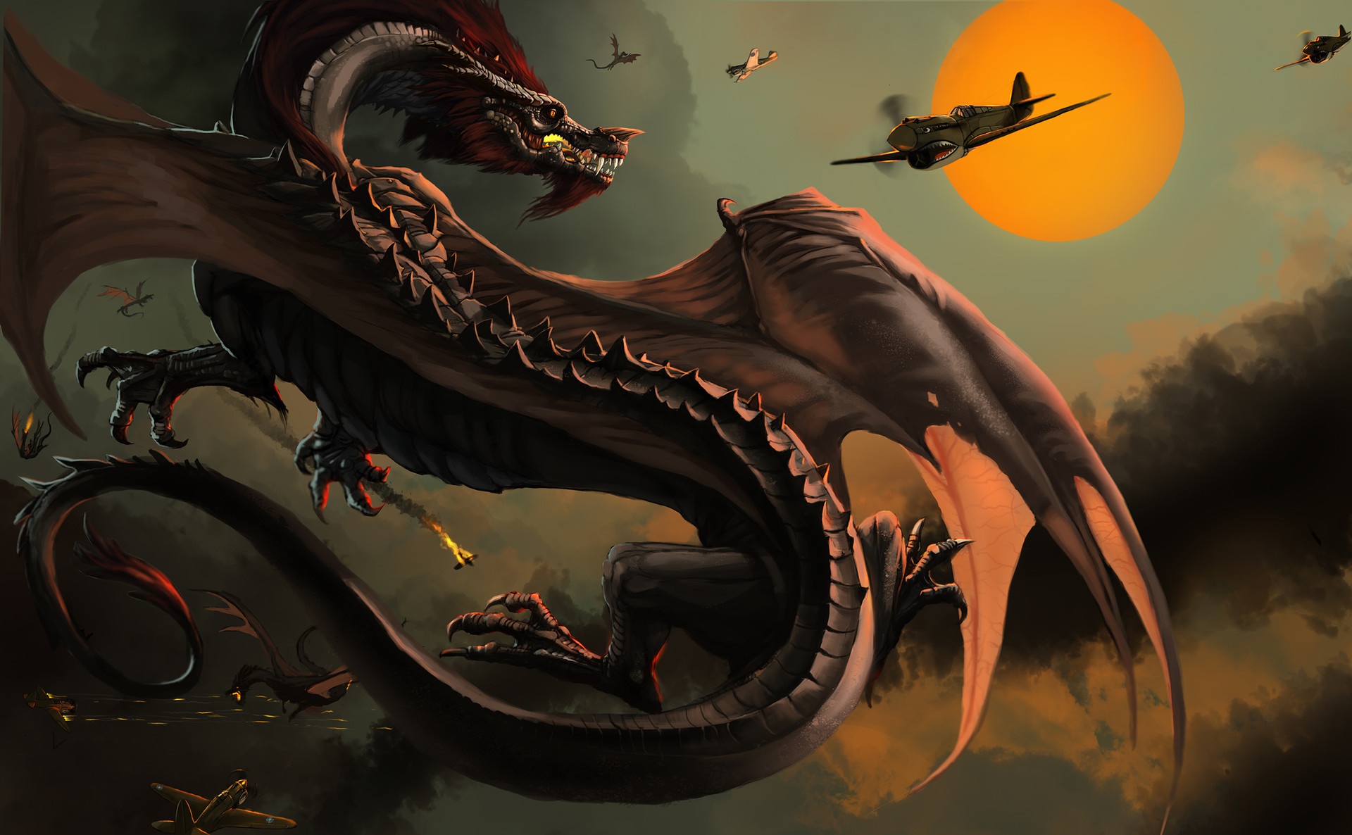 Free download wallpaper Fantasy, Dragon, Battle, Warplane on your PC desktop