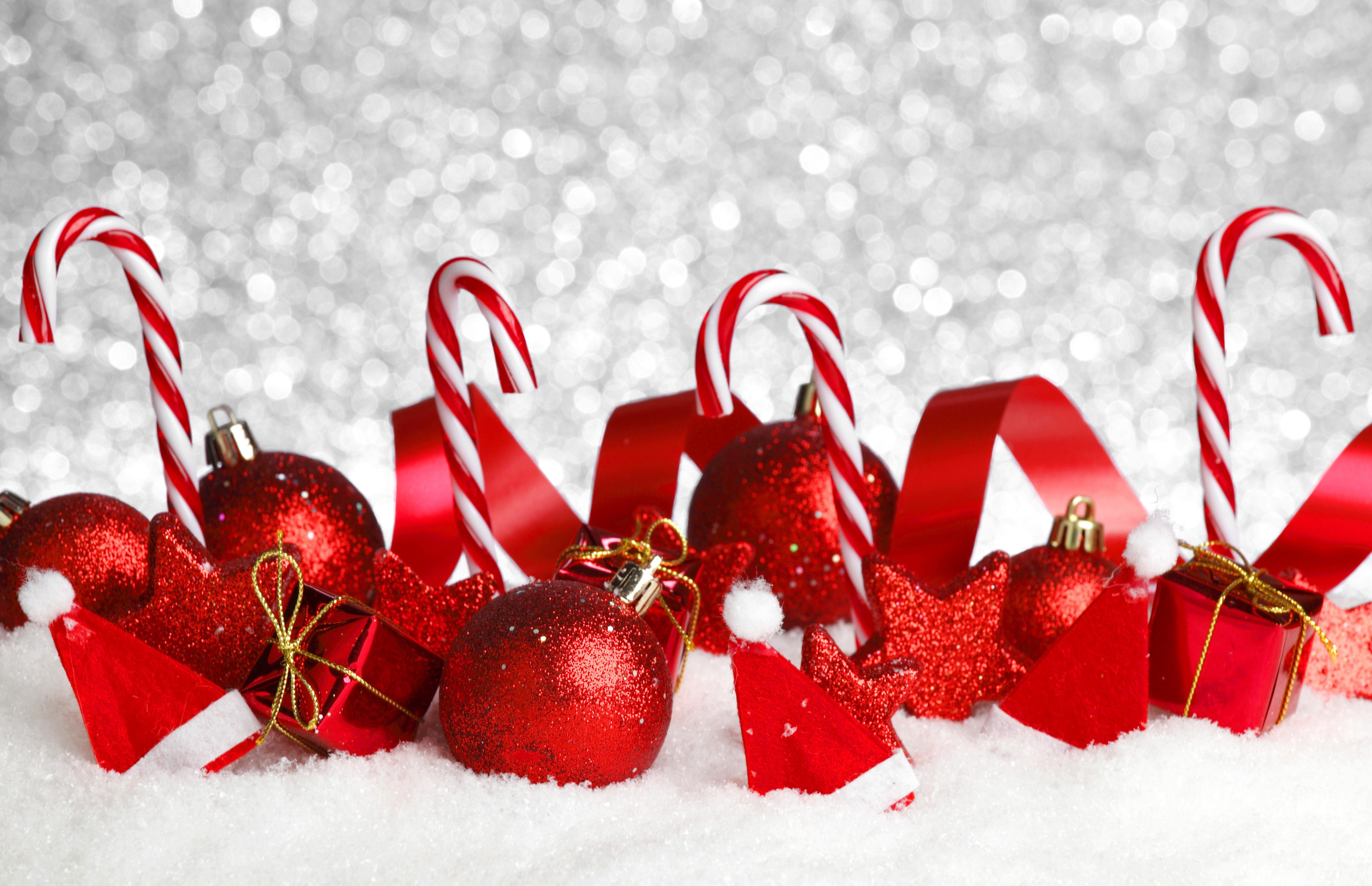 Download mobile wallpaper Christmas, Holiday, Bokeh, Ribbon, Christmas Ornaments, Candy Cane for free.