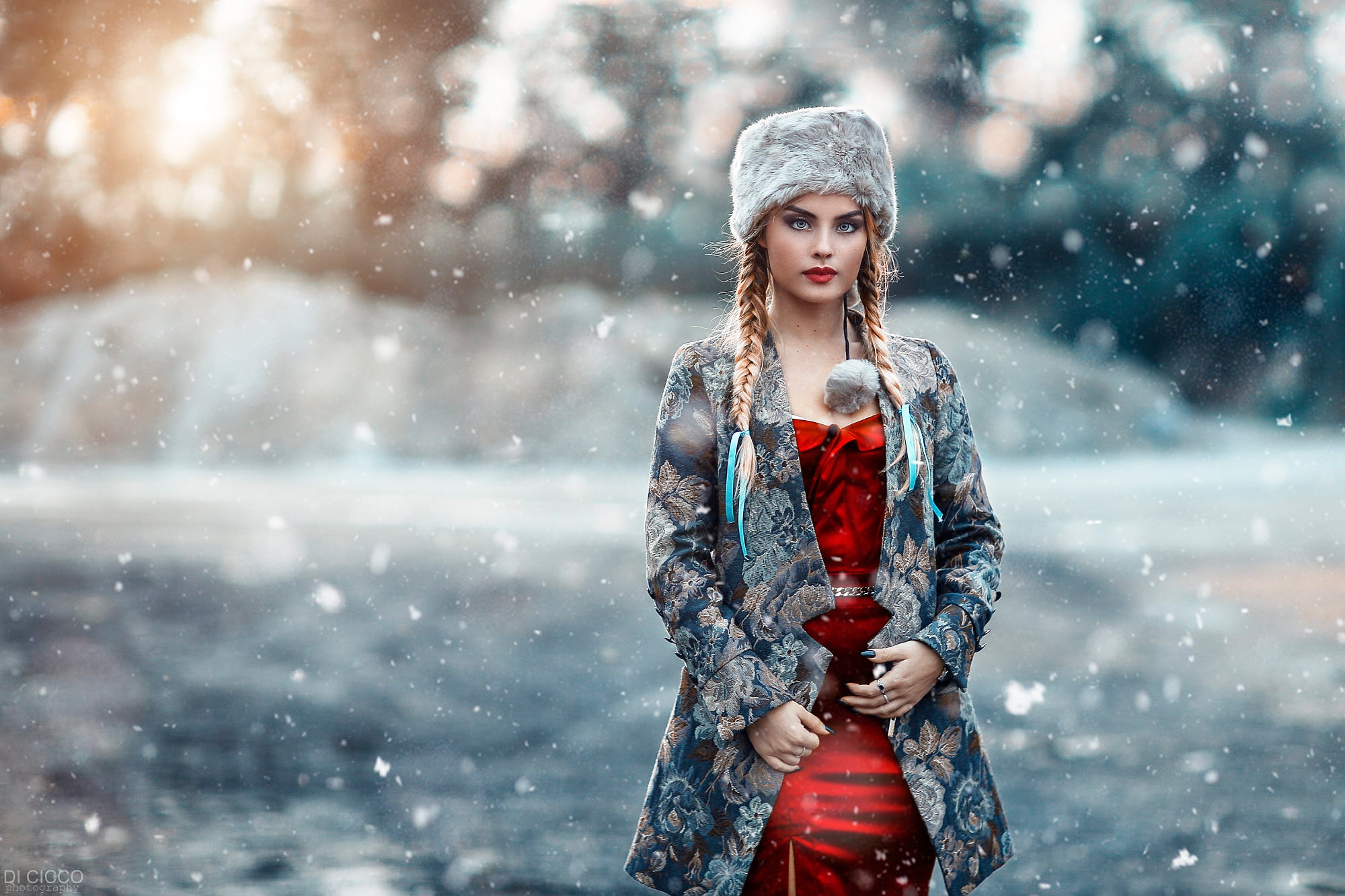 Download mobile wallpaper Winter, Snow, Model, Women, Pigtail for free.