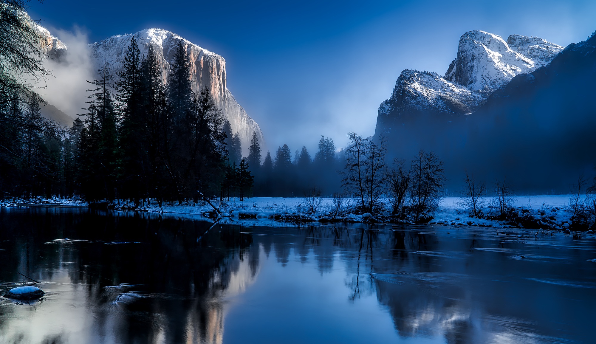 Laden Sie das Winter, Natur, Schnee, See, Baum, Nebel, Gebirge, Nacht, Yosemite Nationalpark, Erde/natur, Spiegelung, Manipulation-Bild kostenlos auf Ihren PC-Desktop herunter