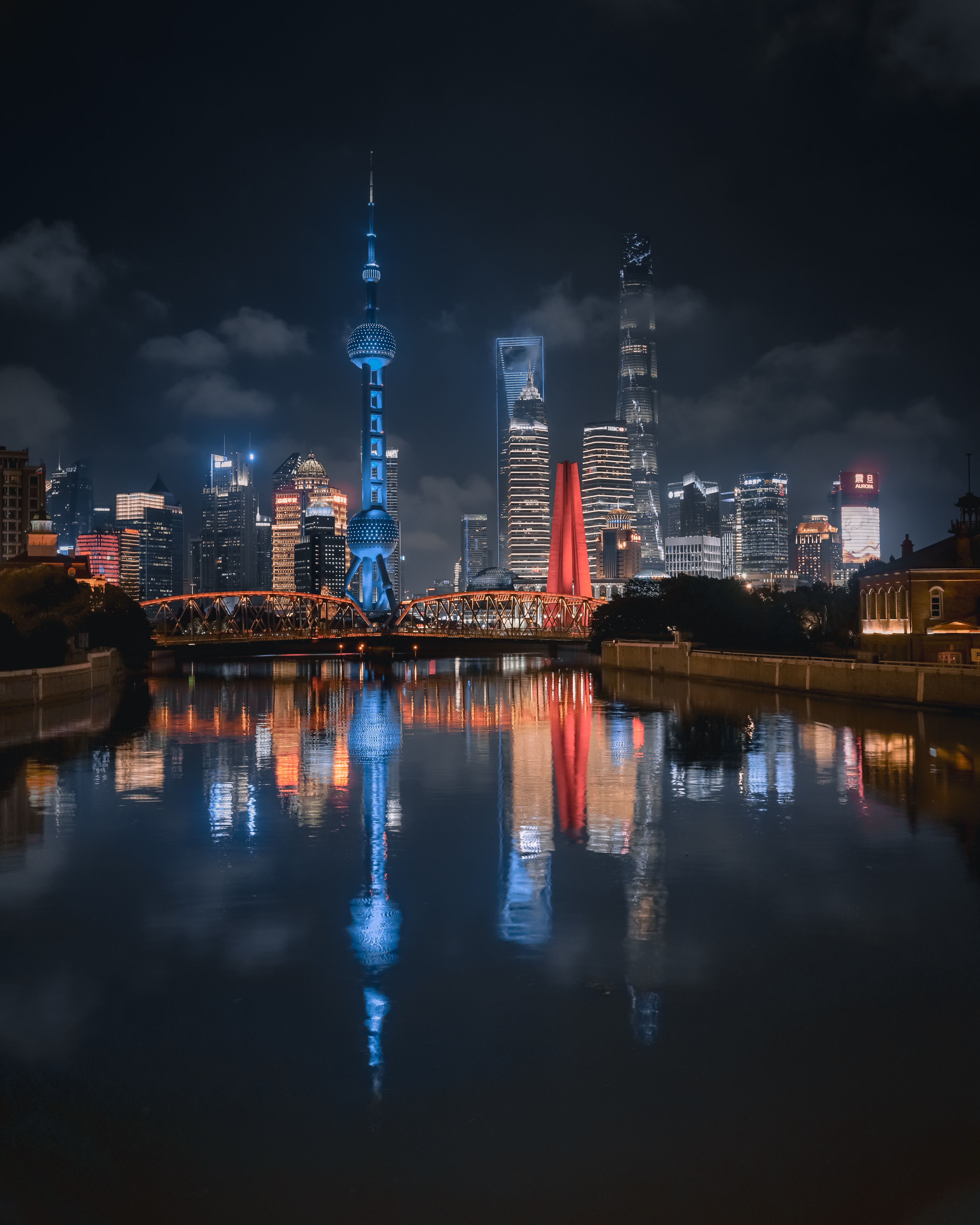 Download mobile wallpaper Reflection, Lights, Rivers, Night City, Building, Cities for free.