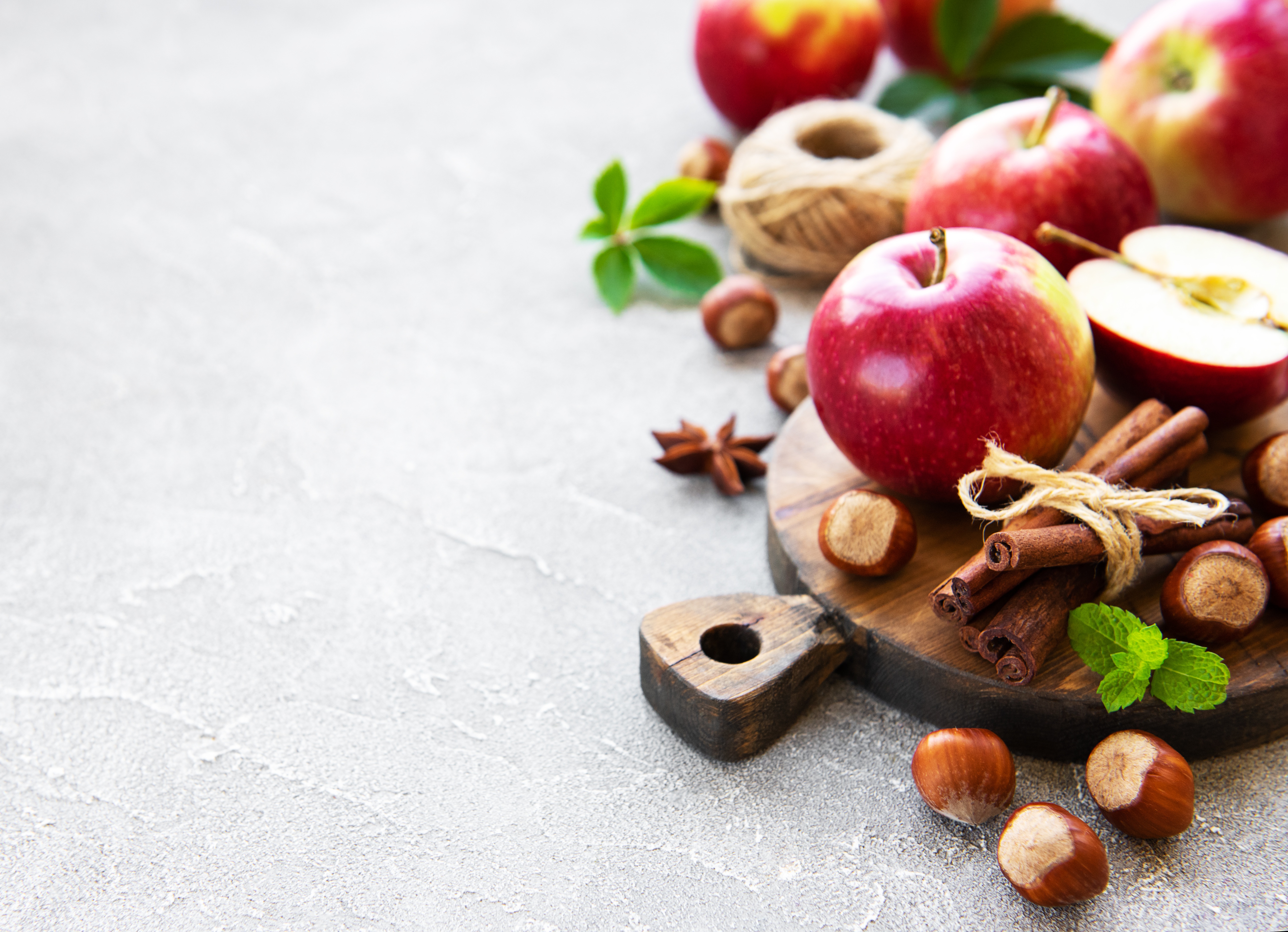 Download mobile wallpaper Fruits, Food, Apple, Still Life, Cinnamon, Hazelnut for free.