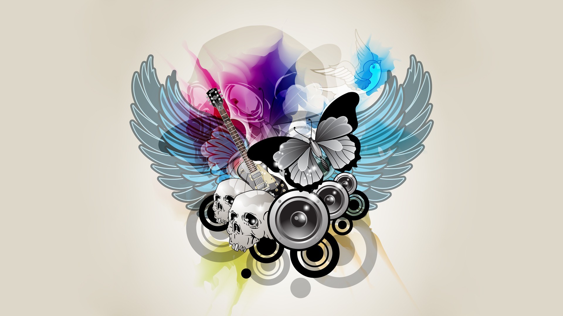 artistic, vector, bird, butterfly, guitar, music, skull, speakers