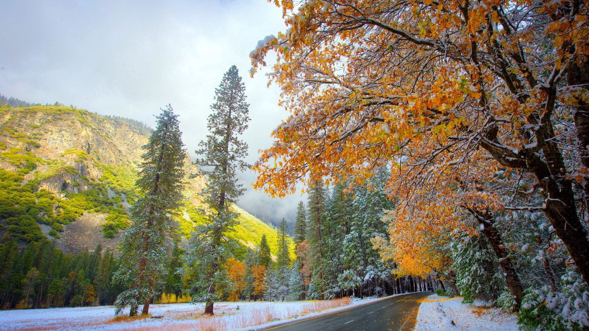 Free download wallpaper Nature, Mountains, Autumn, Road, Winter, Snow on your PC desktop