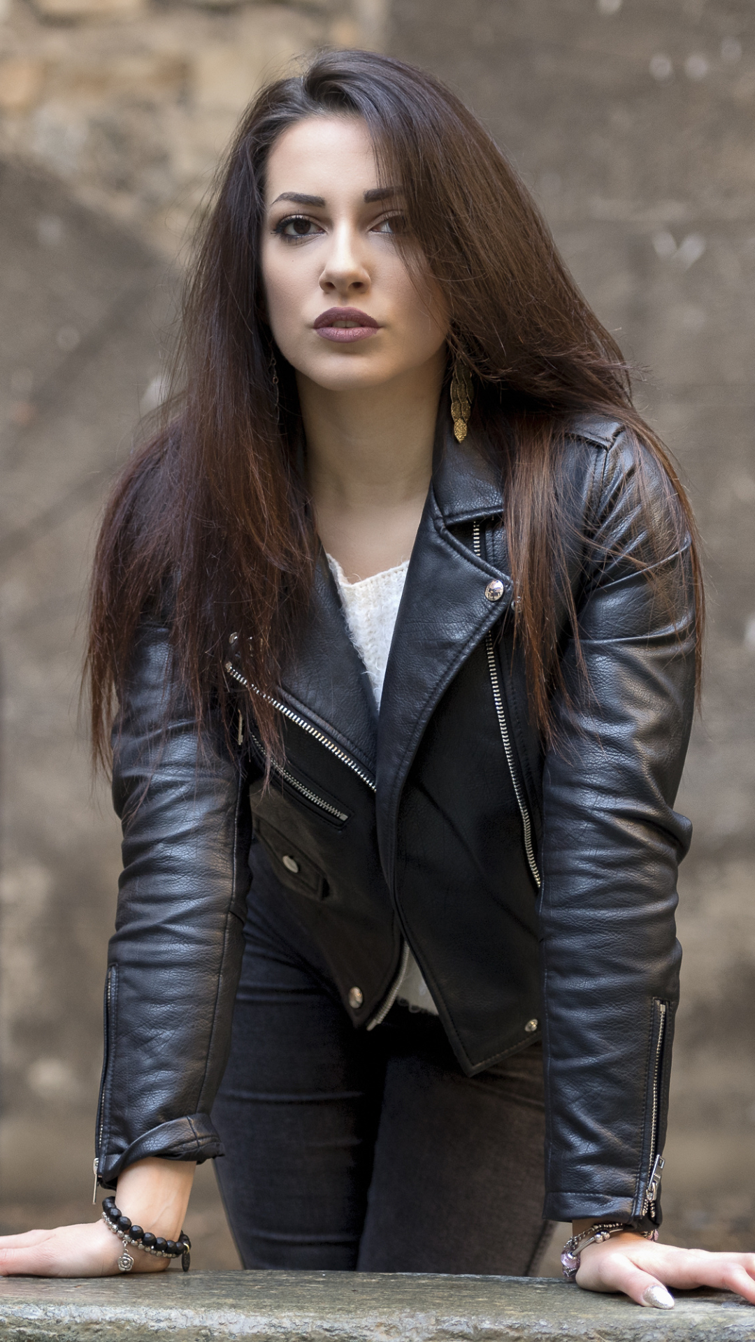 Download mobile wallpaper Brunette, Model, Women, Brown Eyes, Long Hair, Leather Jacket for free.