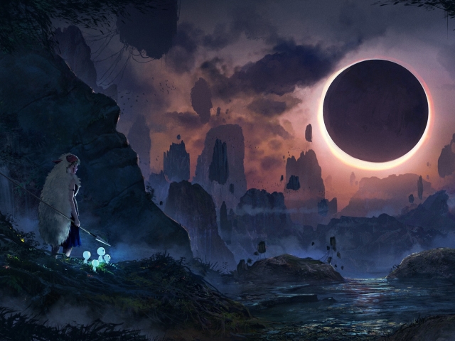 Download mobile wallpaper Anime, Landscape, Moon, Eclipse, Princess Mononoke for free.