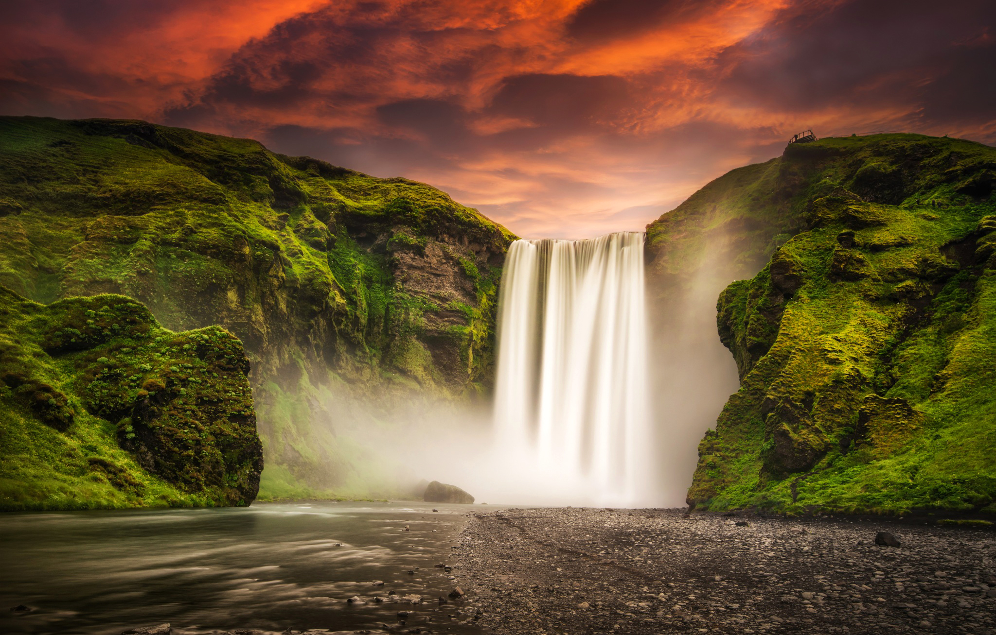 358449 скачать обои исландия, земля/природа, скоугафосс, светиться, закат, водопад, водопады - заставки и картинки бесплатно