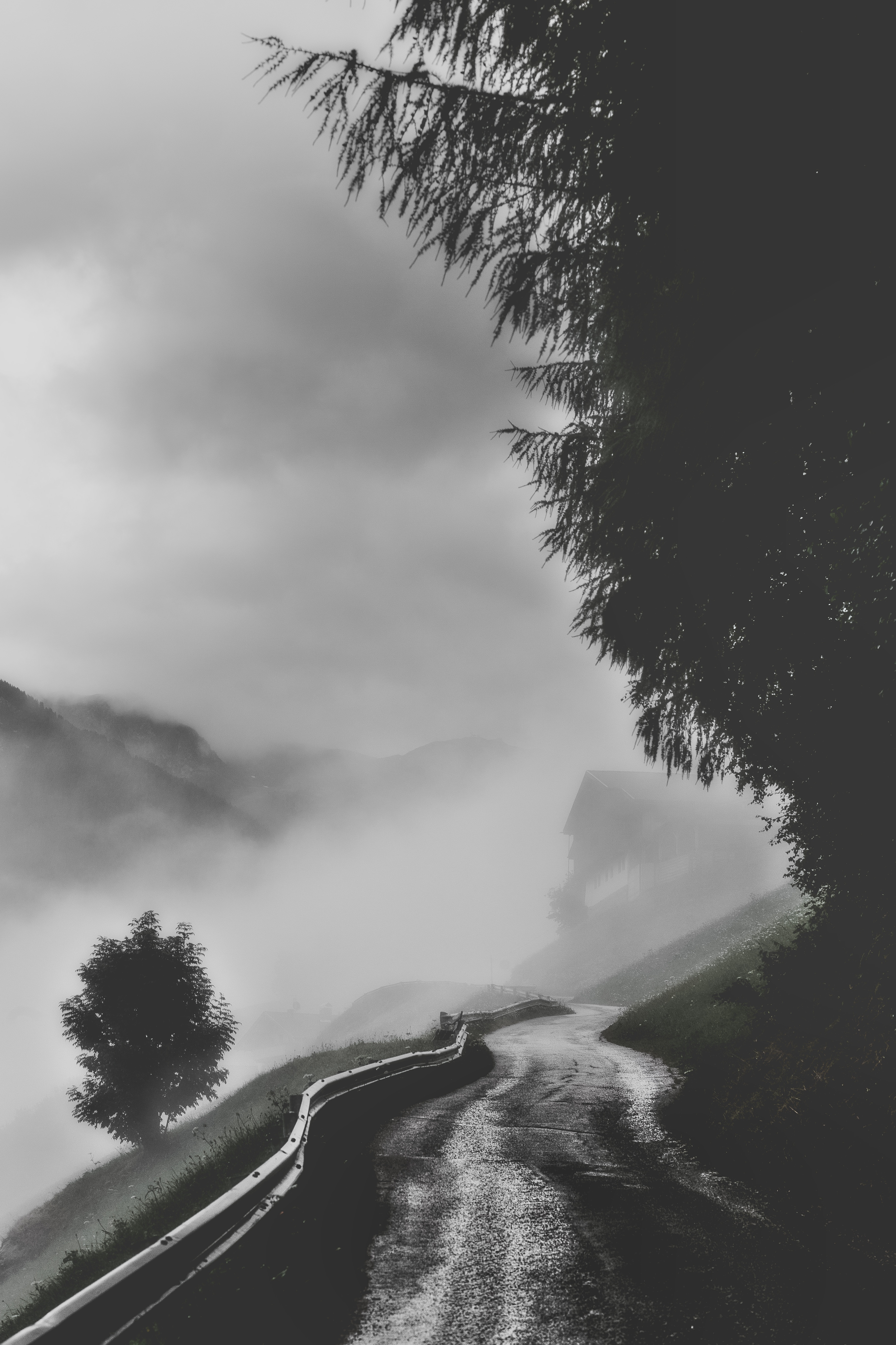 Download mobile wallpaper Fog, Chb, Road, Mountains, Trees, Bw, Nature for free.