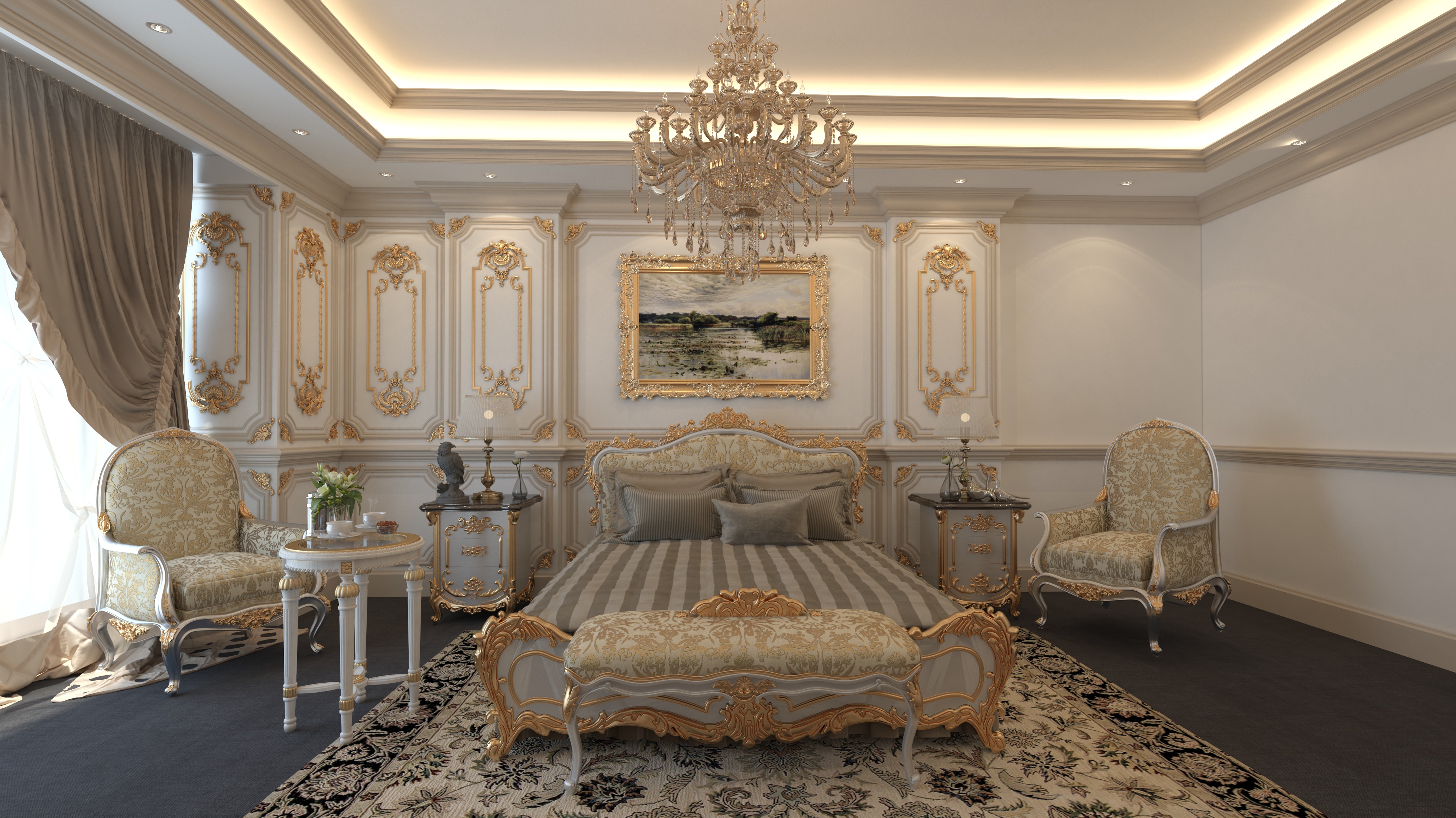 man made, room, armchair, bed, bedroom, carpet, chandelier, interior, painting, style