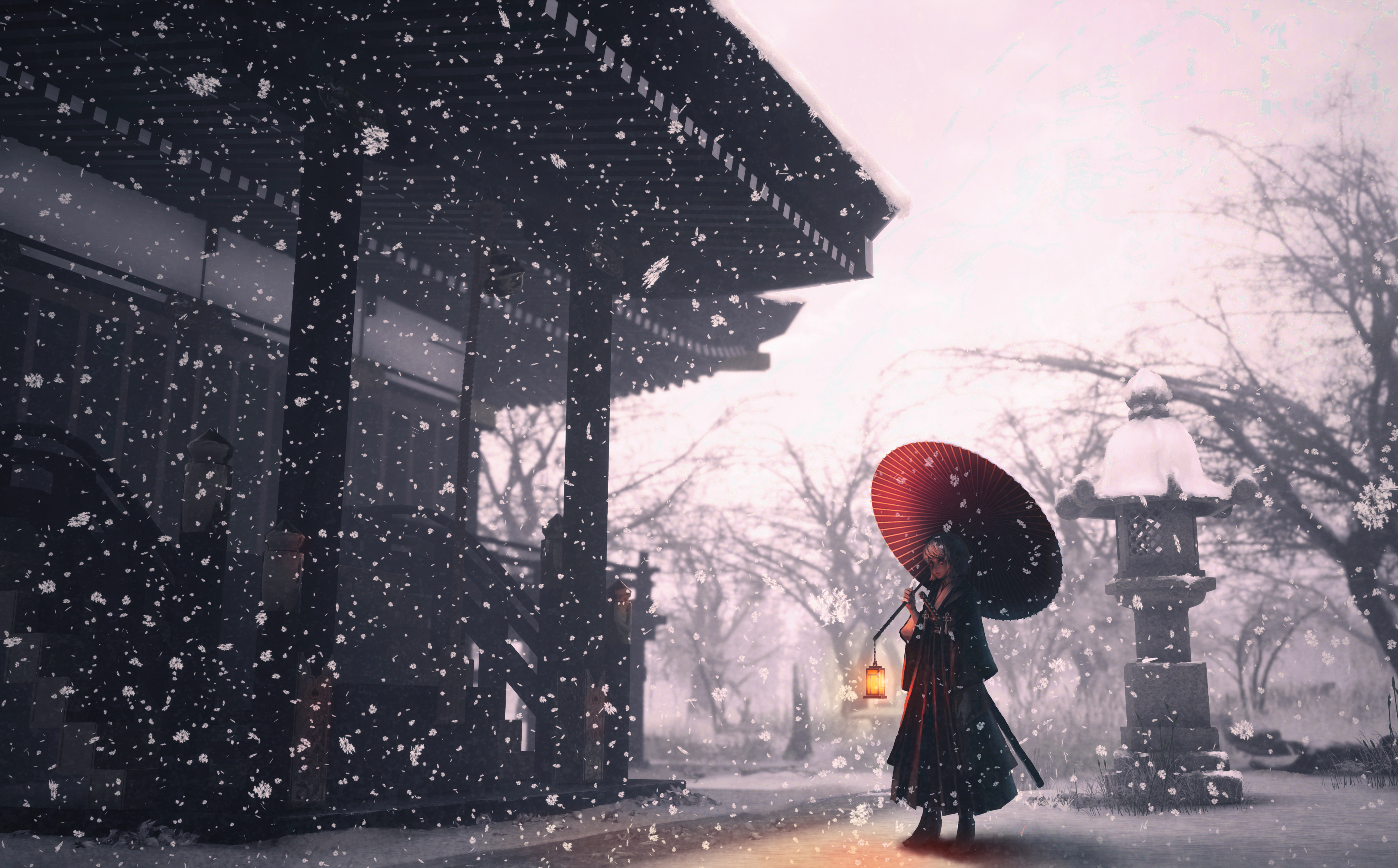 Download mobile wallpaper Anime, Winter, Snow, Umbrella, Original for free.