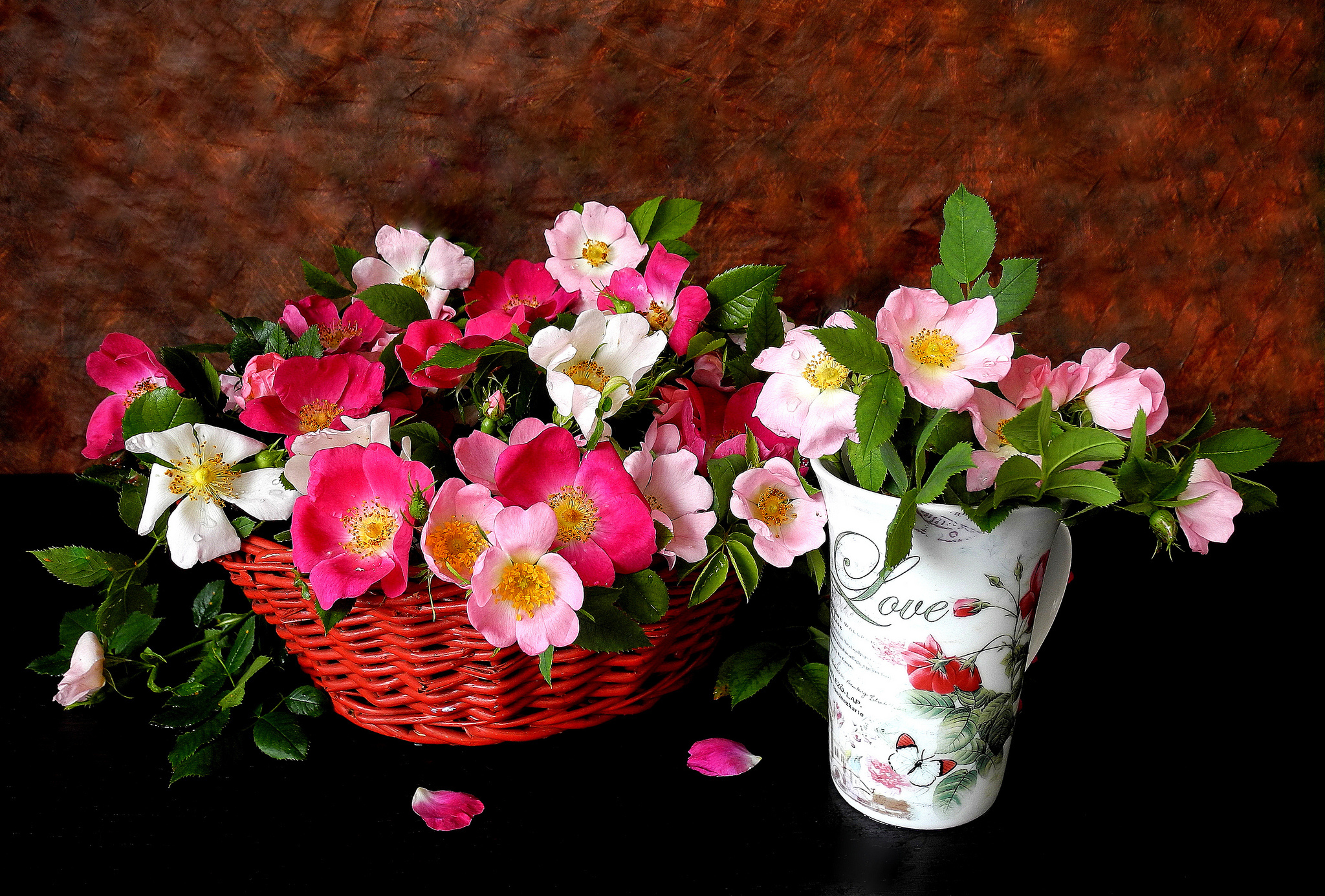 white flower, photography, still life, basket, cup, flower, love, pink flower