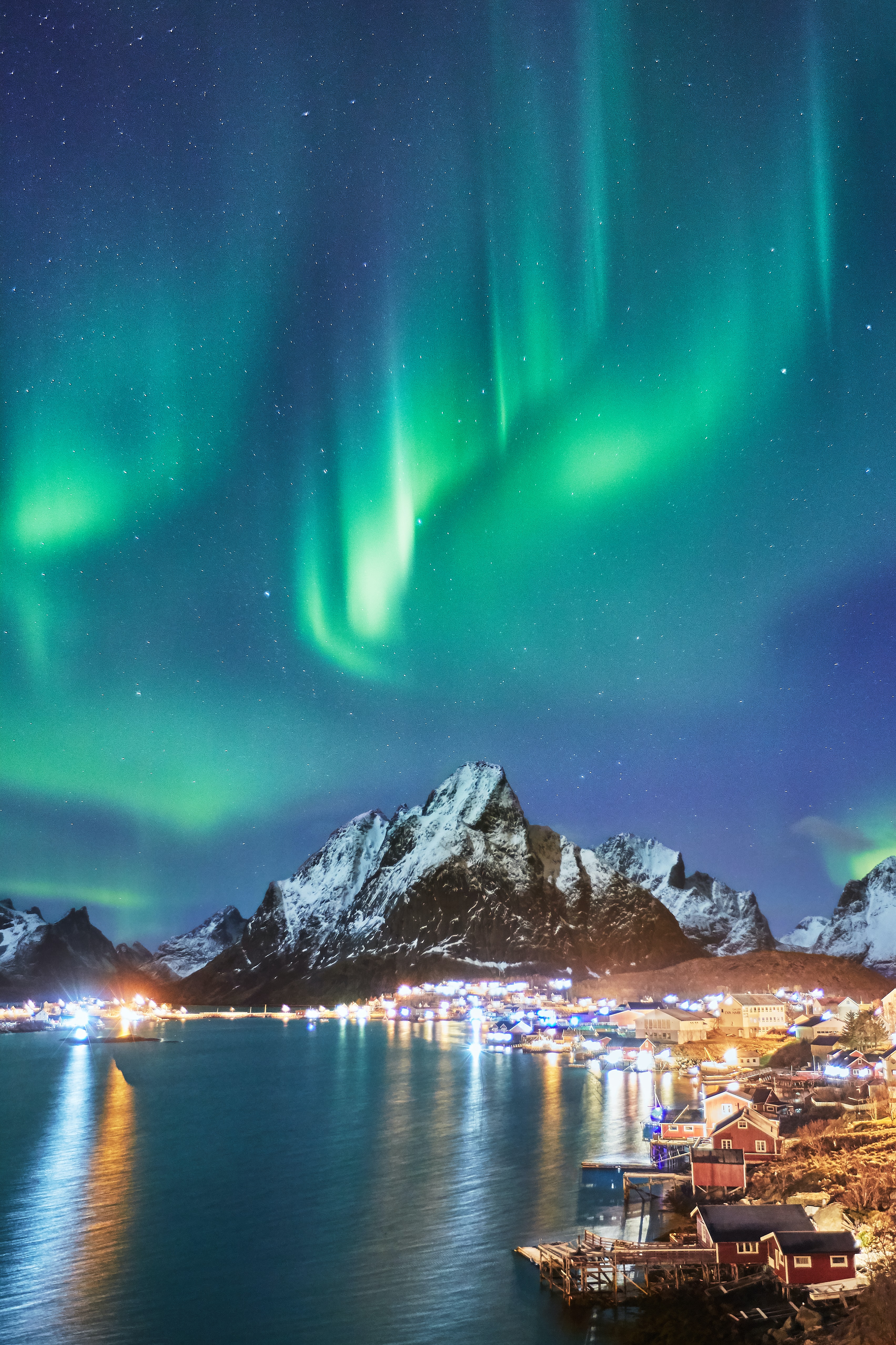 aurora borealis, northern lights, nature, houses, mountains, snow, coast, snow covered, snowbound cellphone