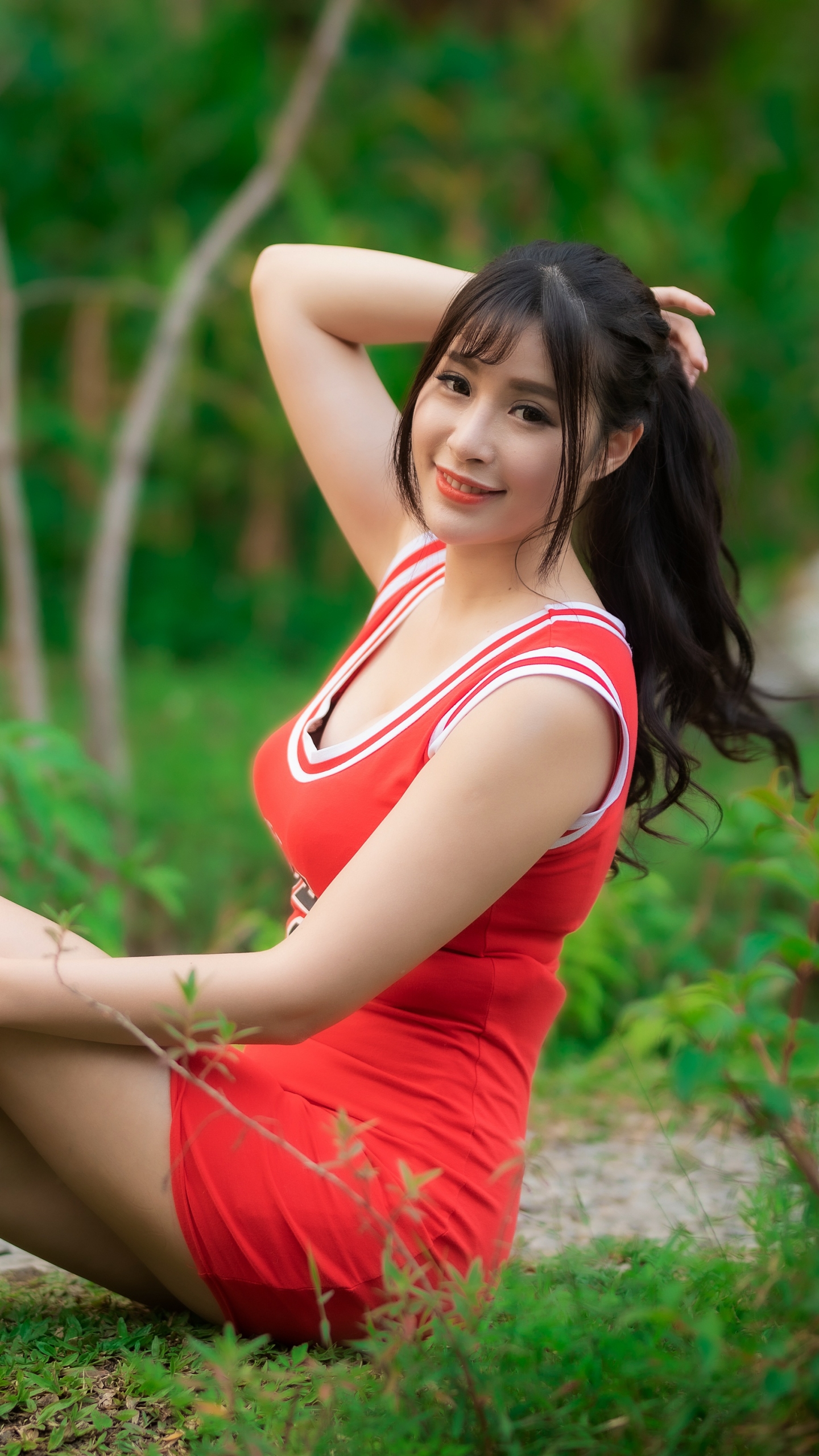 Download mobile wallpaper Smile, Model, Women, Asian, Black Hair, Red Dress for free.