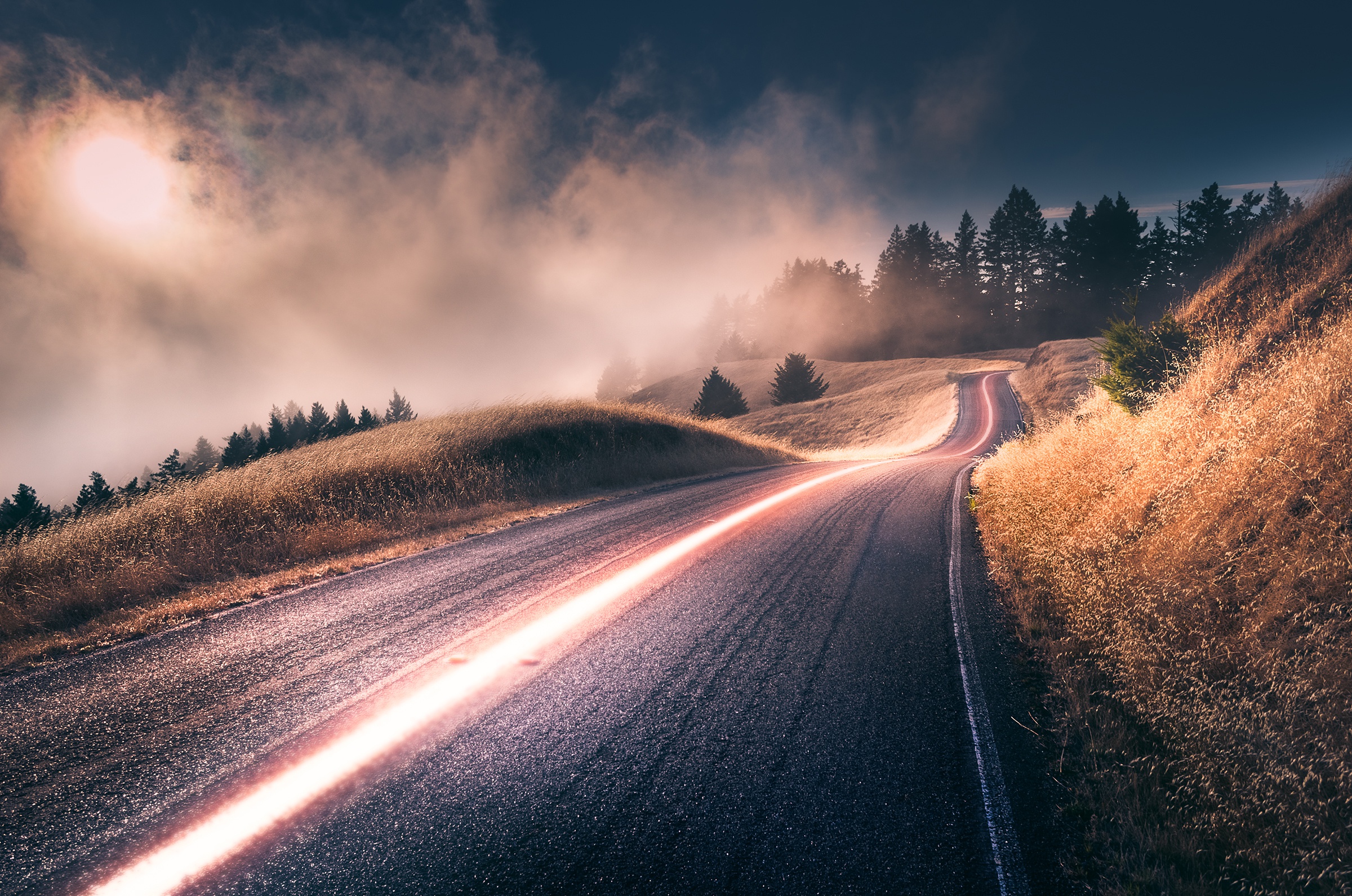 Download mobile wallpaper Road, Fog, Man Made, Time Lapse for free.