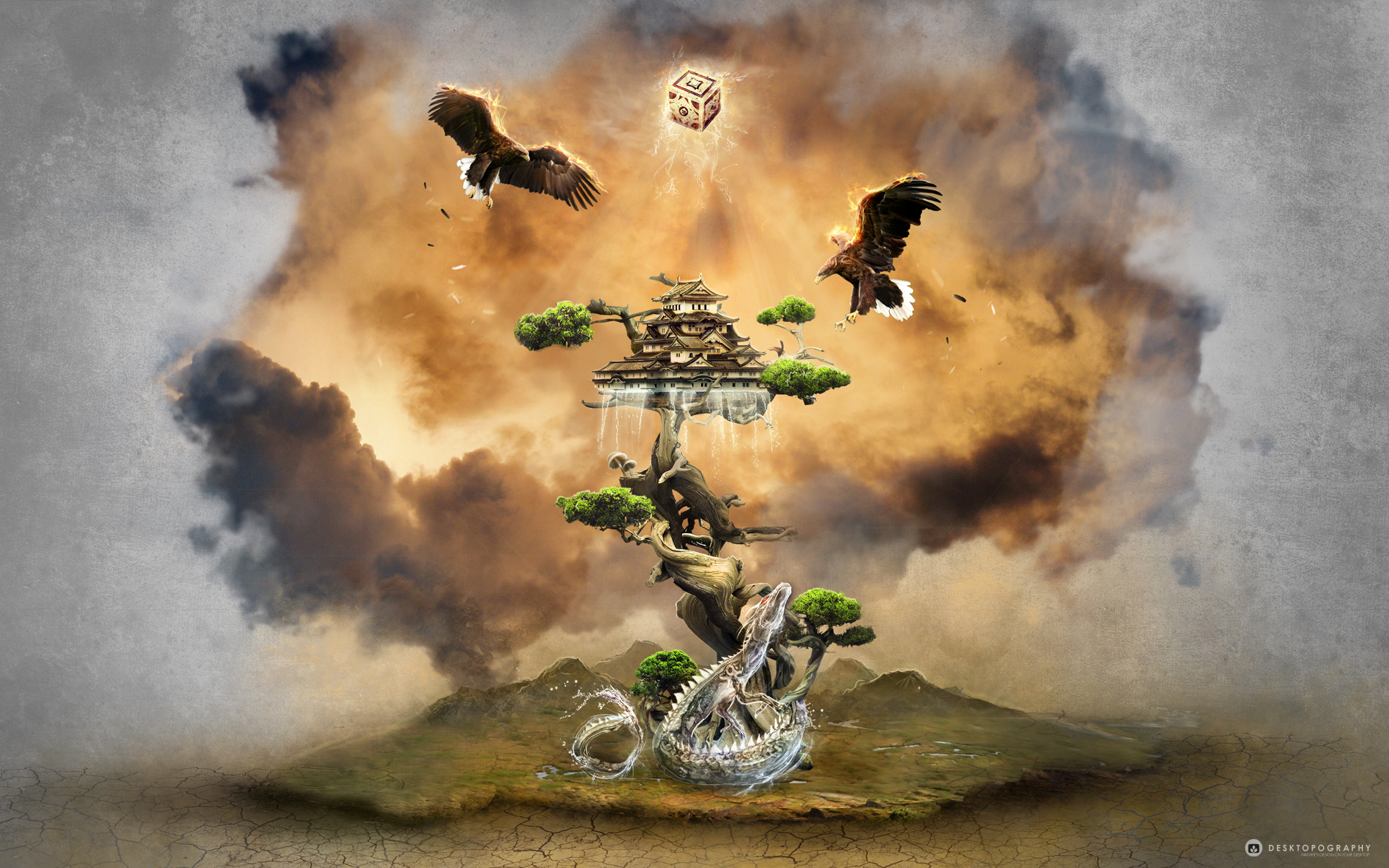 Free download wallpaper Fantasy, Tree, Dragon, Eagle, Artistic, Oriental on your PC desktop
