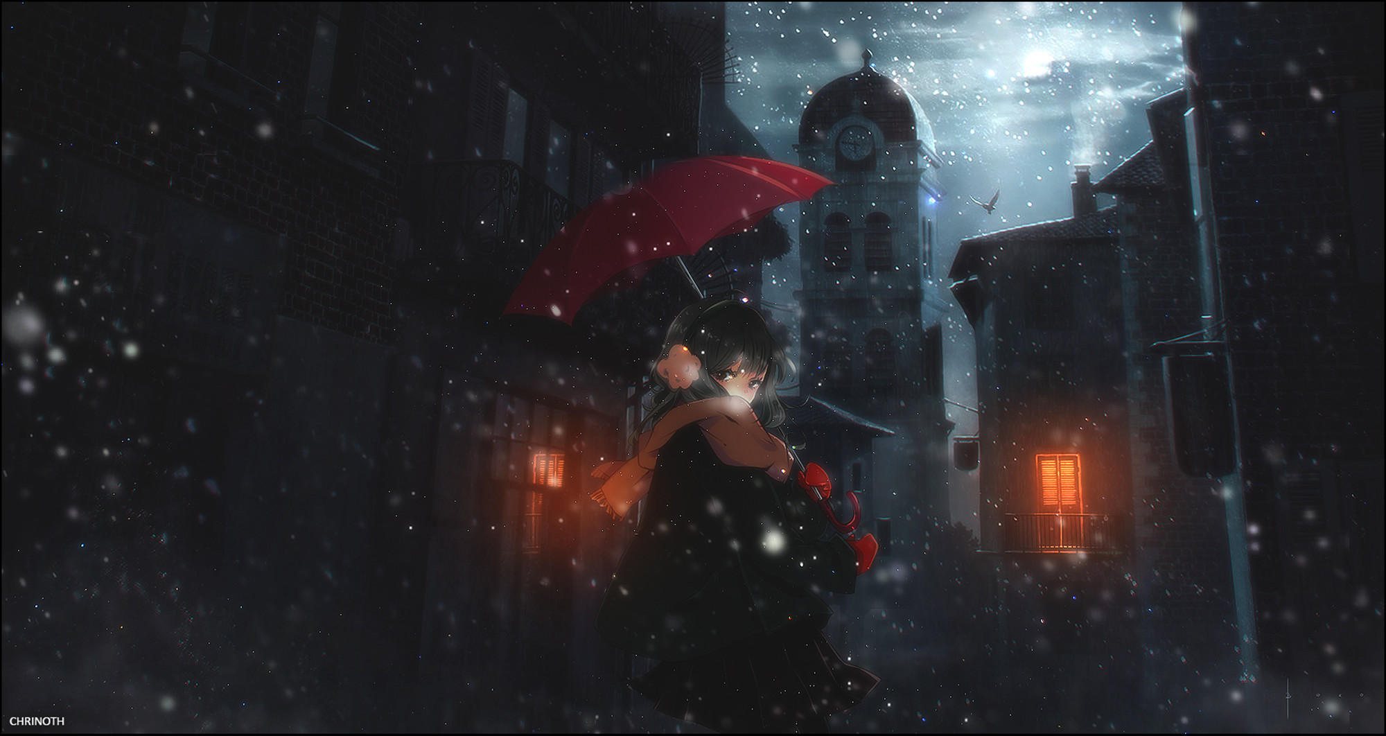 Handy-Wallpaper Mädchen, Schnee, Regenschirm, Nacht, Animes kostenlos herunterladen.