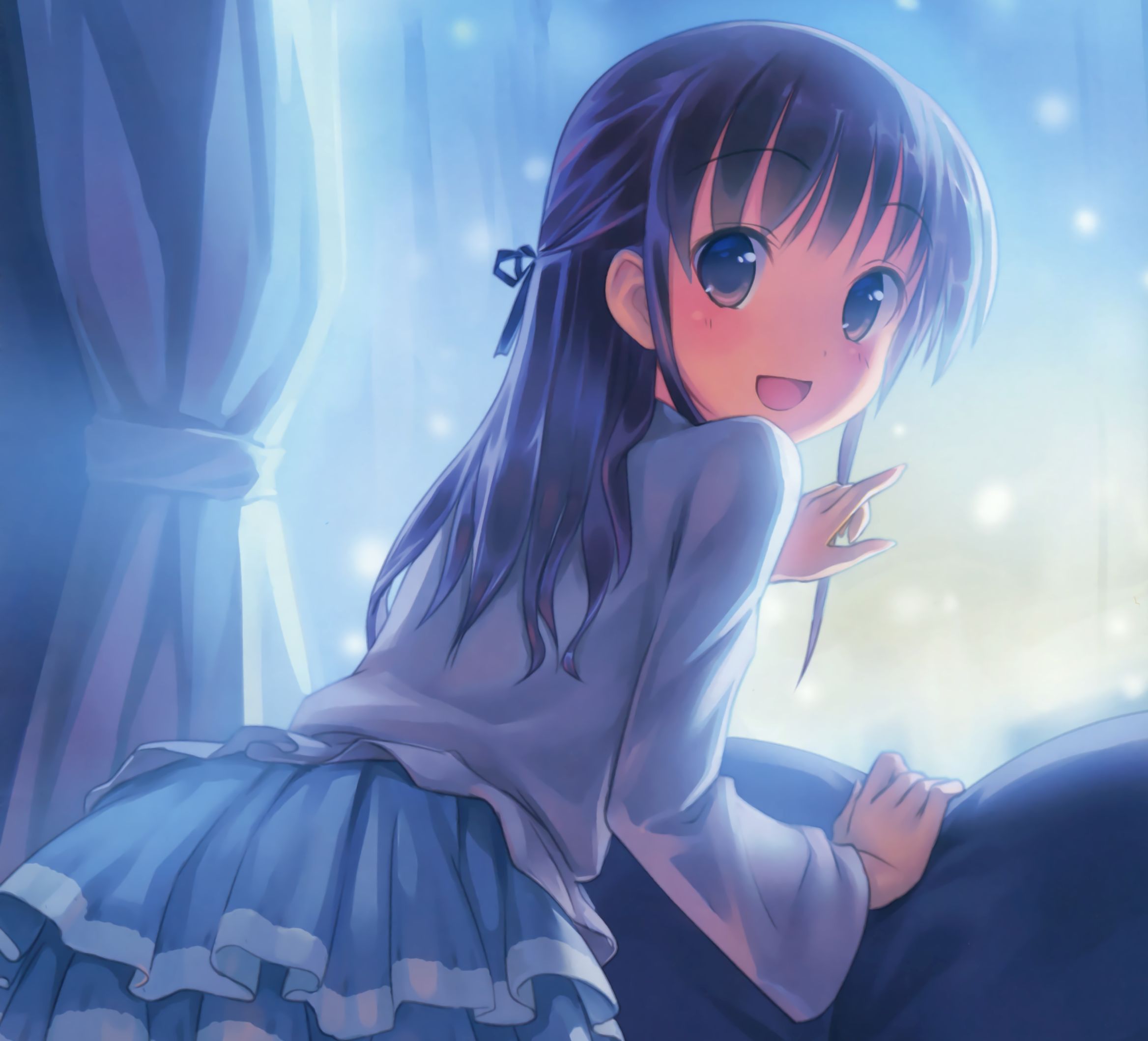Free download wallpaper Anime, Snow, Smile, Original, Blush, Brown Eyes, Black Hair, Long Hair on your PC desktop