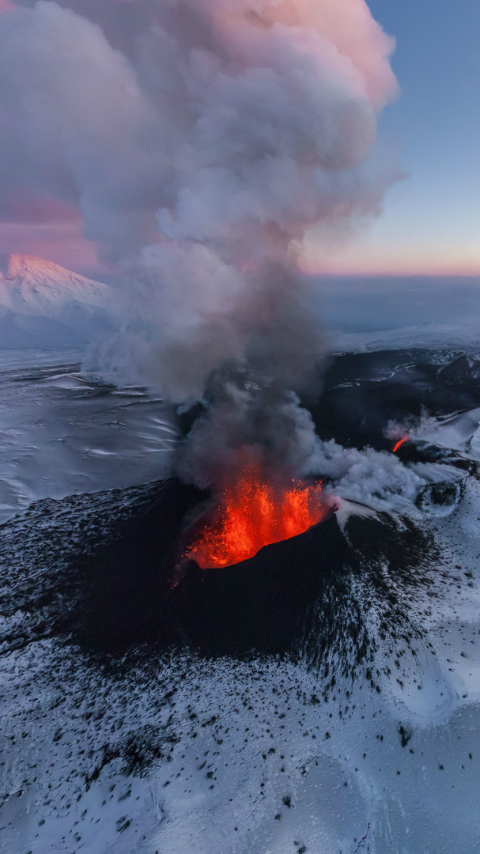 Download mobile wallpaper Winter, Ice, Snow, Earth, Volcano, Lava, Aerial, Volcanoes for free.