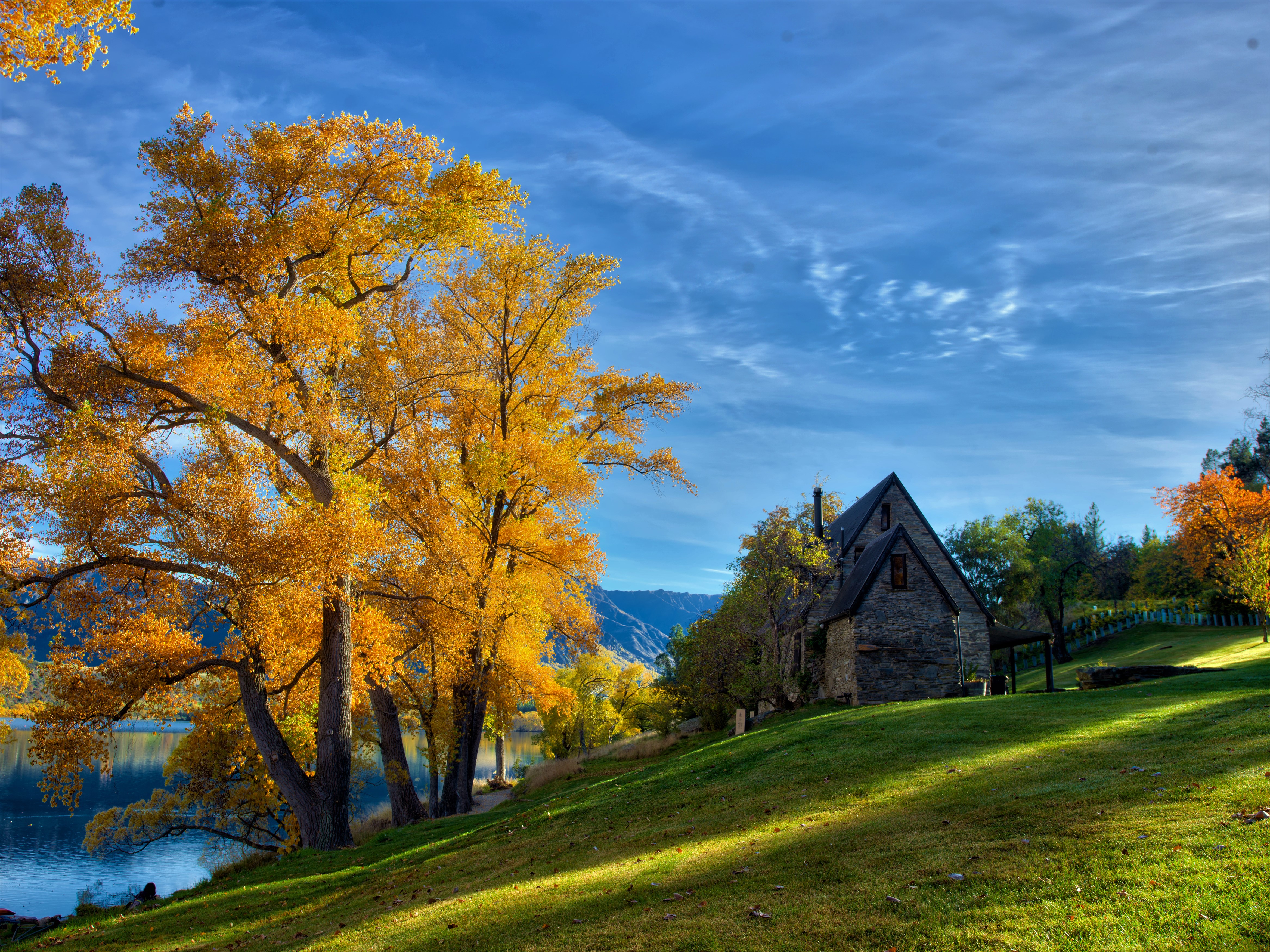 Download mobile wallpaper Lake, Tree, Fall, House, Man Made for free.