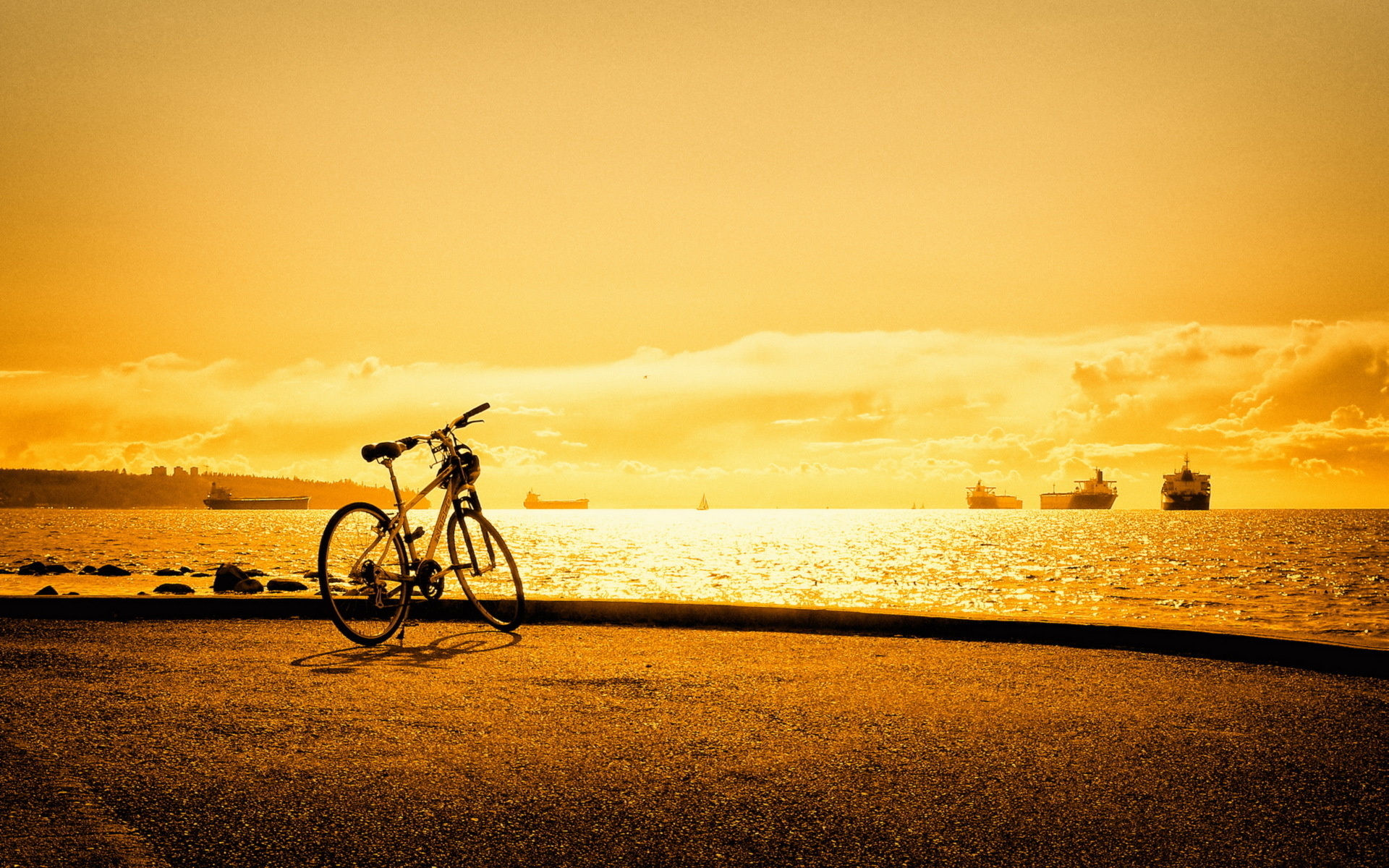 bicycle, vehicles, cloud, ship, sunset