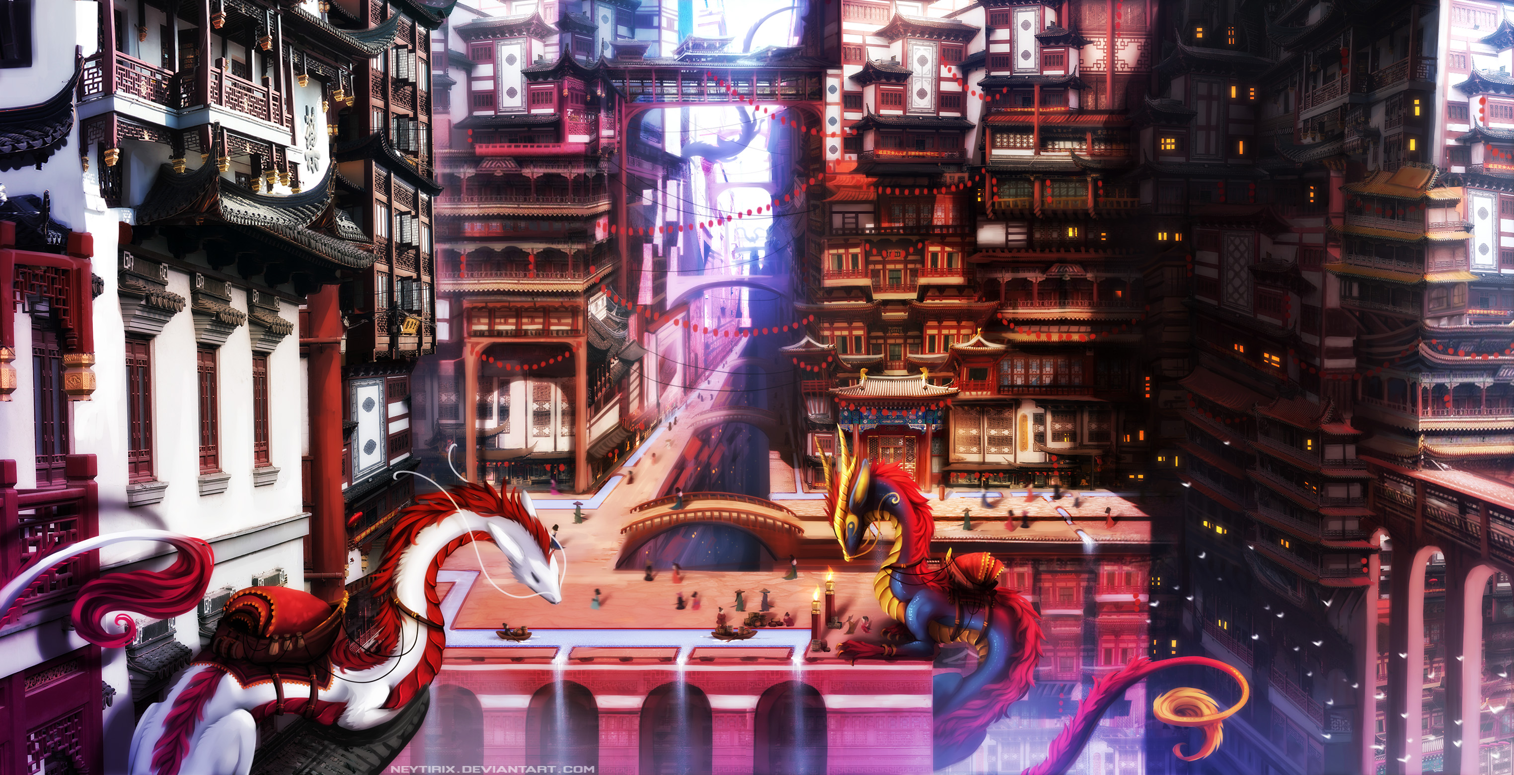Download mobile wallpaper Fantasy, City, Building, Dragon, Oriental for free.